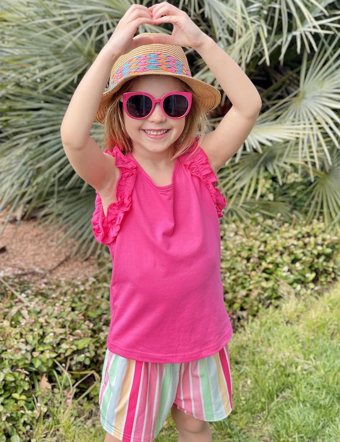 image:imageArshiner Girls Summer Clothes 2 Piece Ruffle Trimmed Sleeveless Tank Top and High Waist Shorts with Pockets Clothing SetsRose Redrainbow