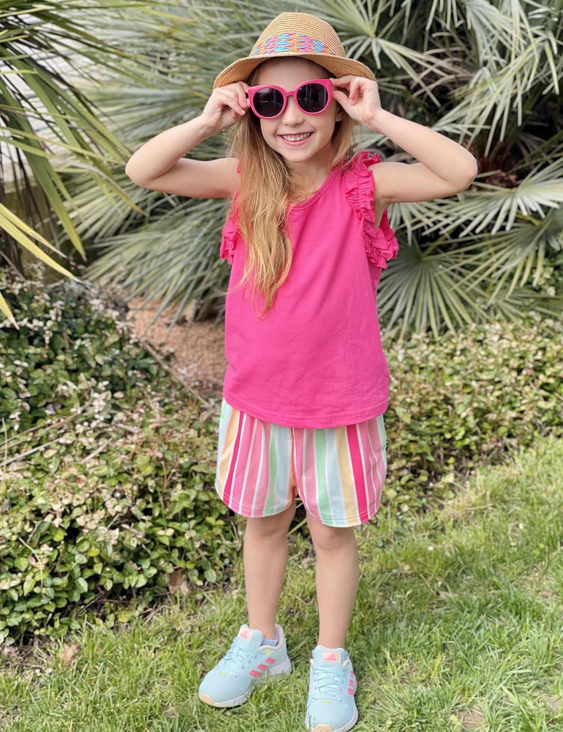 image:imageArshiner Girls Summer Clothes 2 Piece Ruffle Trimmed Sleeveless Tank Top and High Waist Shorts with Pockets Clothing SetsRose Redrainbow