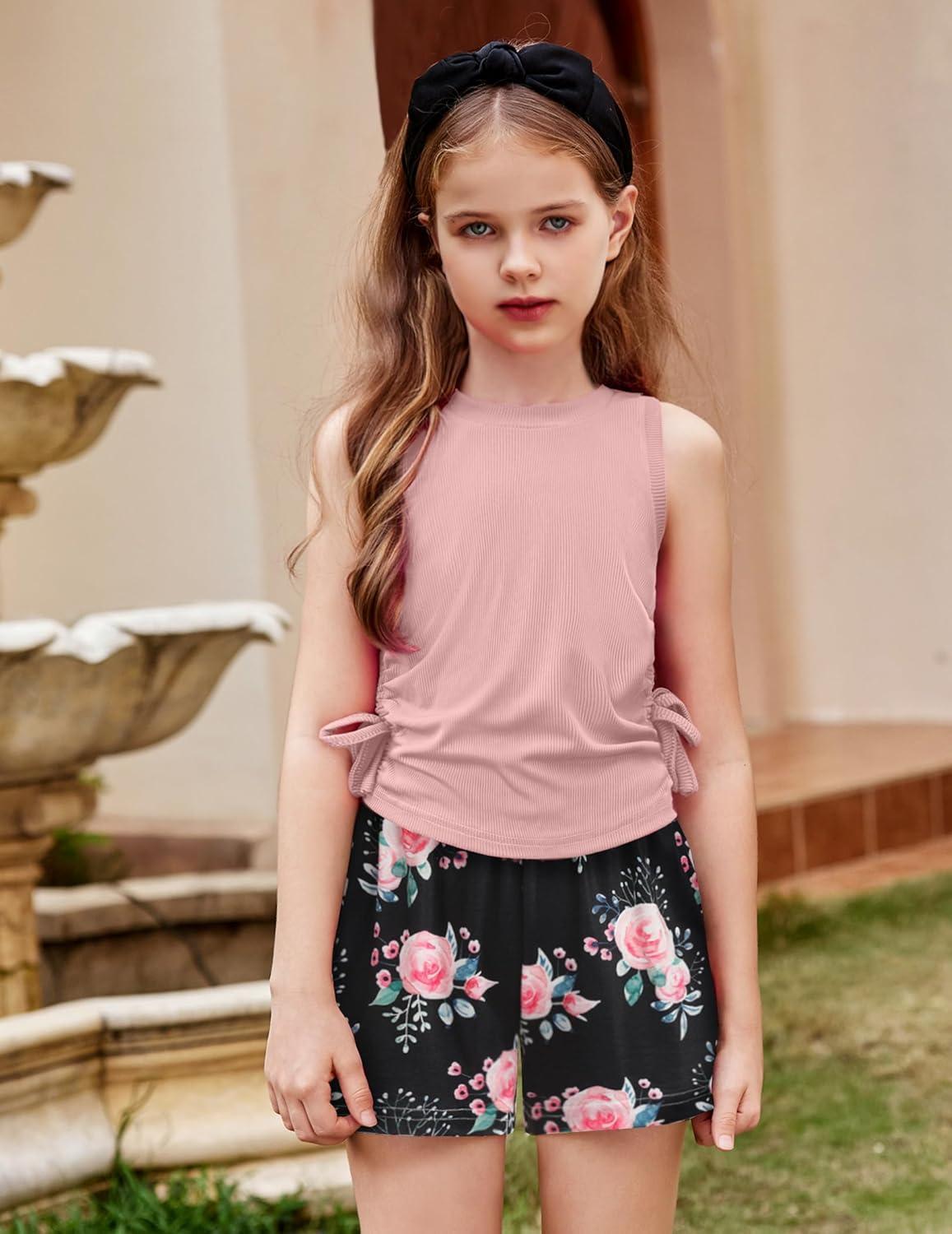 image:imageArshiner Girls Summer Clothing Sets 2 Piece Outfits Knit Ruched Knot Side Tank Top and High Waist Shorts with PocketsDeep Pink Flower