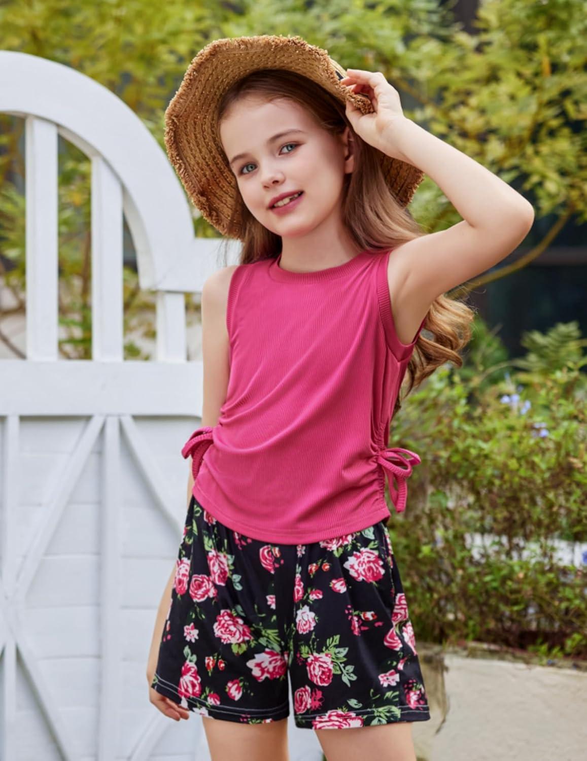 image:imageArshiner Girls Summer Clothing Sets 2 Piece Outfits Knit Ruched Knot Side Tank Top and High Waist Shorts with PocketsRose Red Flower