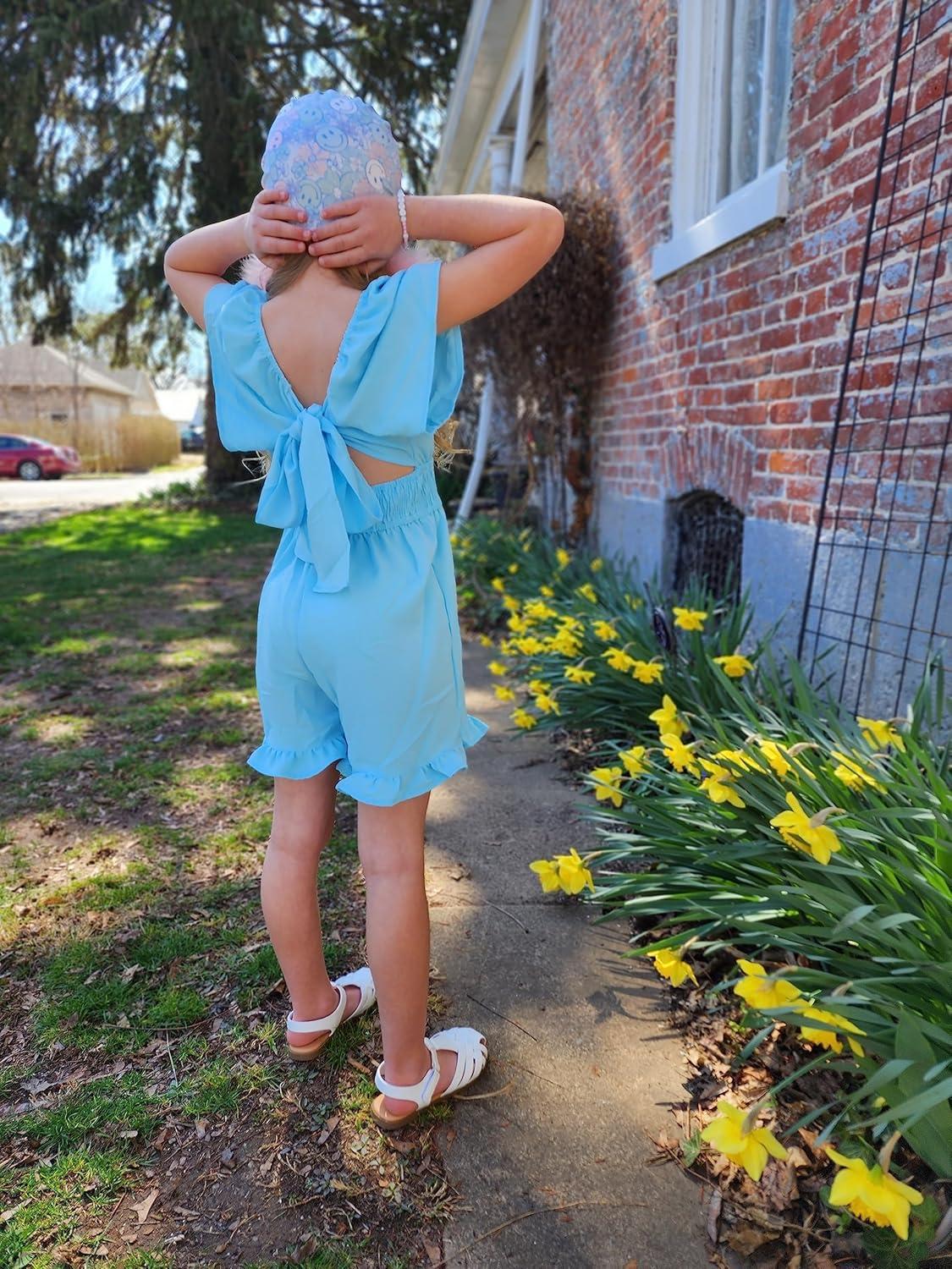 image:imageArshiner Girls Summer Jumpsuits Tie Back Off Shoulder Short Sleeve One Piece Rompers Ruffle Smocked Casual Shorts OutfitsBlue