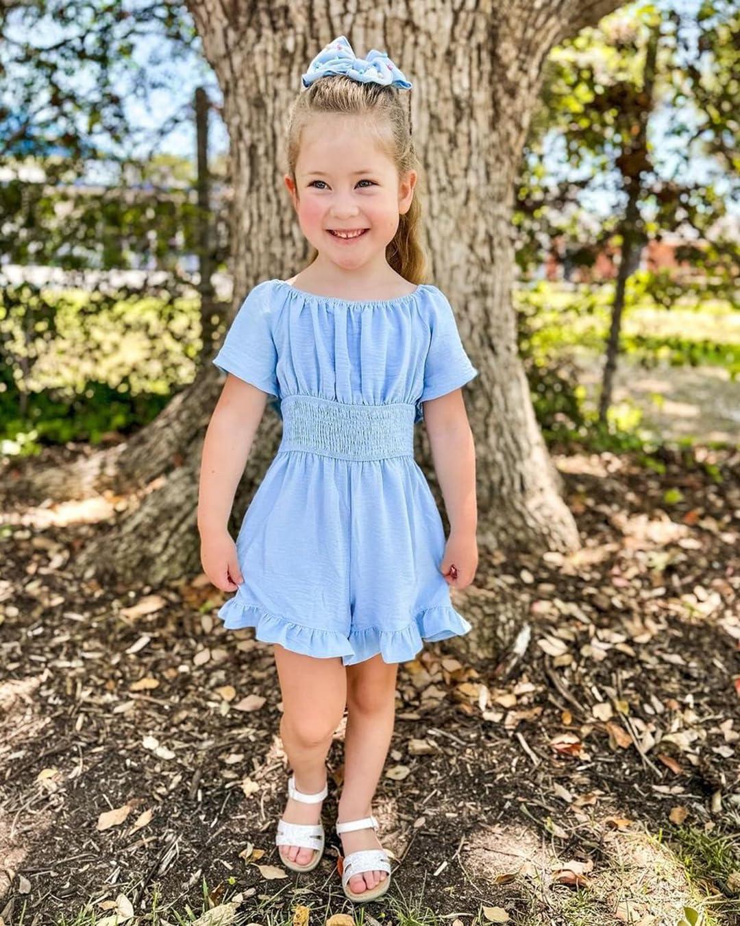 image:imageArshiner Girls Summer Jumpsuits Tie Back Off Shoulder Short Sleeve One Piece Rompers Ruffle Smocked Casual Shorts OutfitsBlue