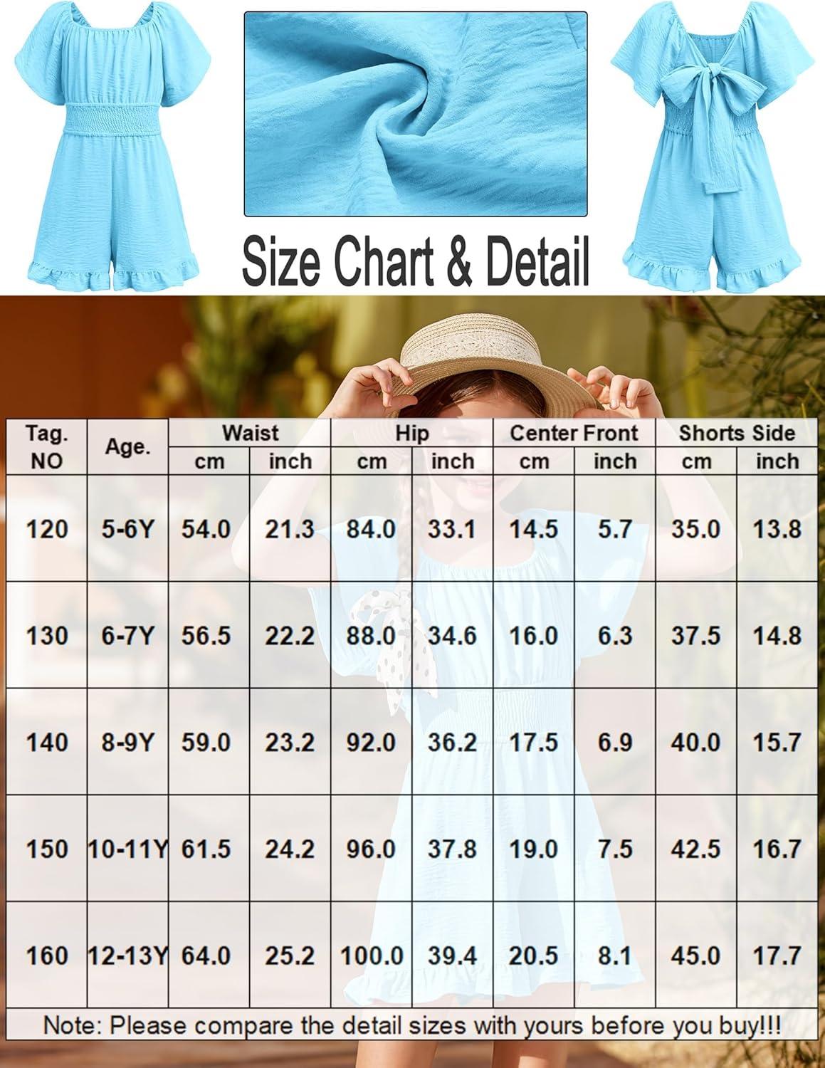 image:imageArshiner Girls Summer Jumpsuits Tie Back Off Shoulder Short Sleeve One Piece Rompers Ruffle Smocked Casual Shorts OutfitsBlue