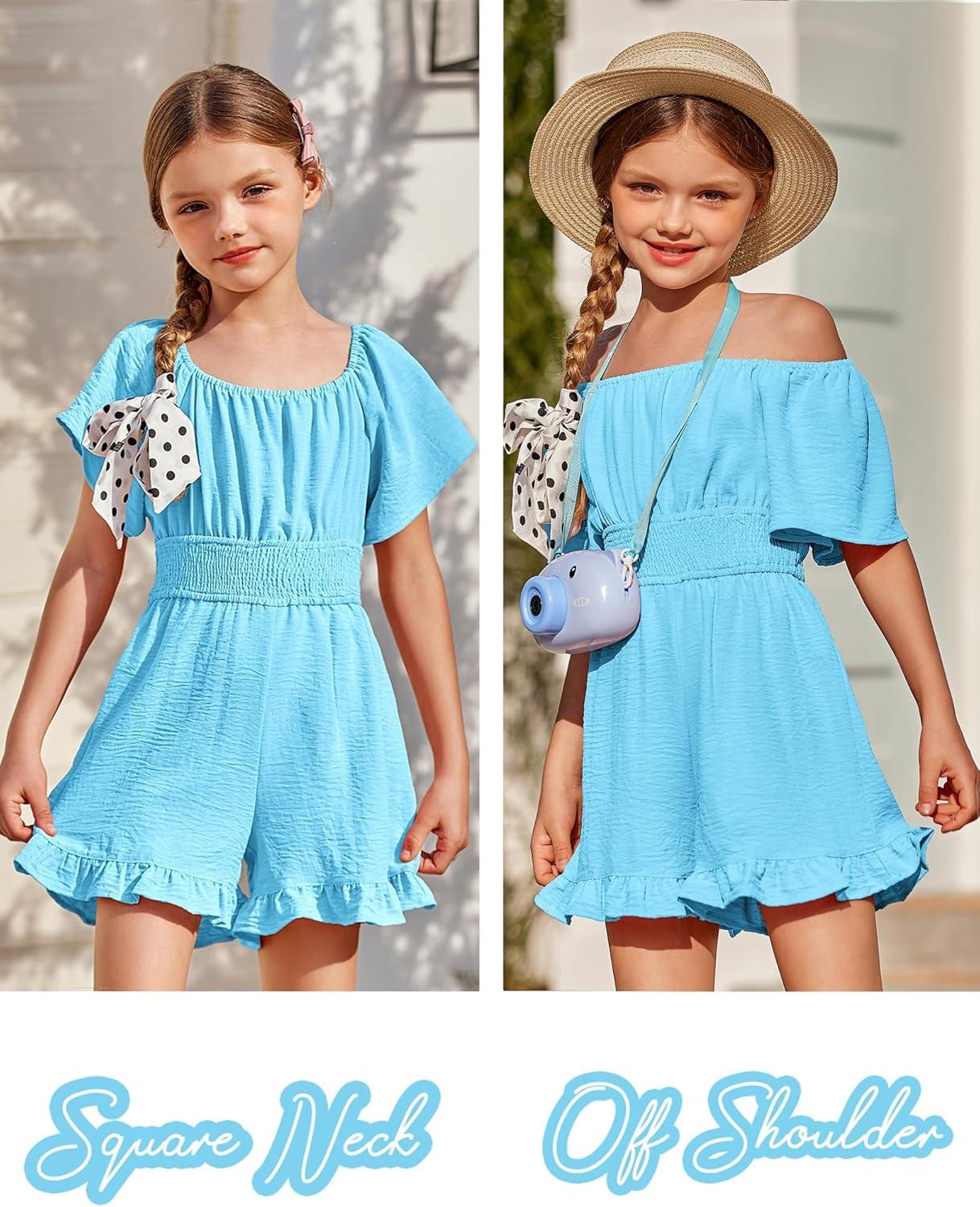image:imageArshiner Girls Summer Jumpsuits Tie Back Off Shoulder Short Sleeve One Piece Rompers Ruffle Smocked Casual Shorts OutfitsBlue