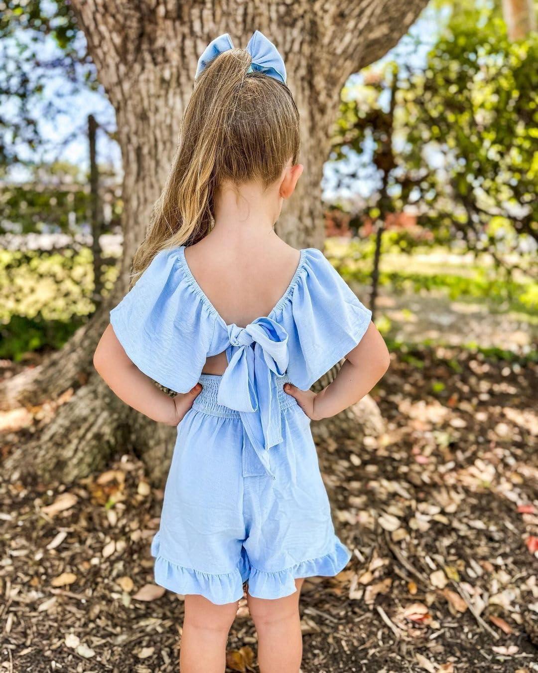image:imageArshiner Girls Summer Jumpsuits Tie Back Off Shoulder Short Sleeve One Piece Rompers Ruffle Smocked Casual Shorts OutfitsBlue