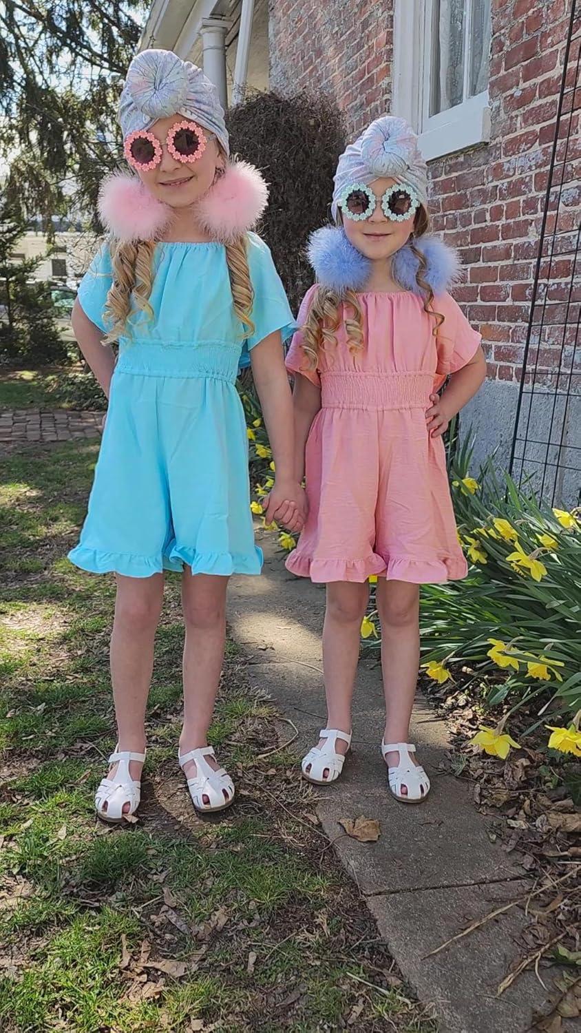 image:imageArshiner Girls Summer Jumpsuits Tie Back Off Shoulder Short Sleeve One Piece Rompers Ruffle Smocked Casual Shorts OutfitsBlue