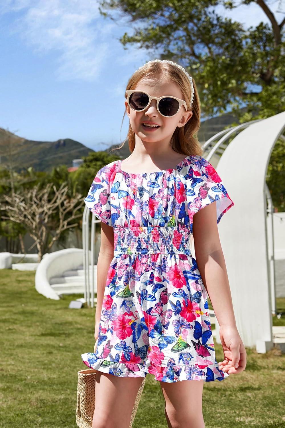 image:imageArshiner Girls Summer Jumpsuits Tie Back Off Shoulder Short Sleeve One Piece Rompers Ruffle Smocked Casual Shorts OutfitsButterfly Pattern
