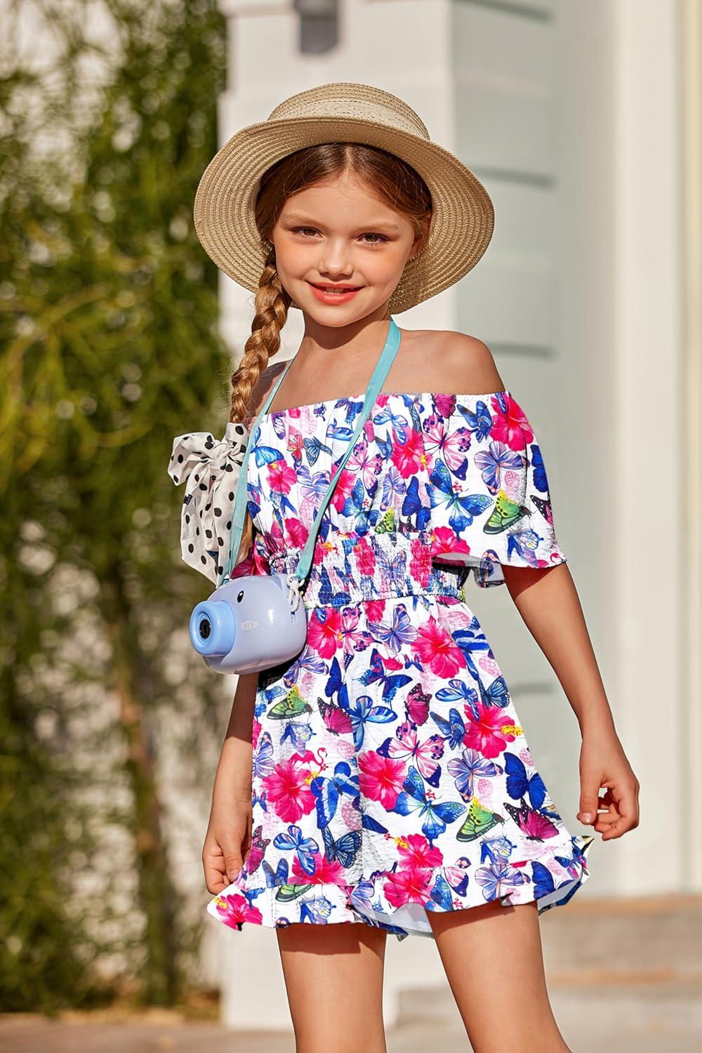 image:imageArshiner Girls Summer Jumpsuits Tie Back Off Shoulder Short Sleeve One Piece Rompers Ruffle Smocked Casual Shorts OutfitsButterfly Pattern