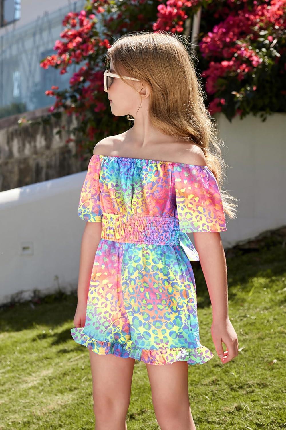 image:imageArshiner Girls Summer Jumpsuits Tie Back Off Shoulder Short Sleeve One Piece Rompers Ruffle Smocked Casual Shorts OutfitsColorful Leopard
