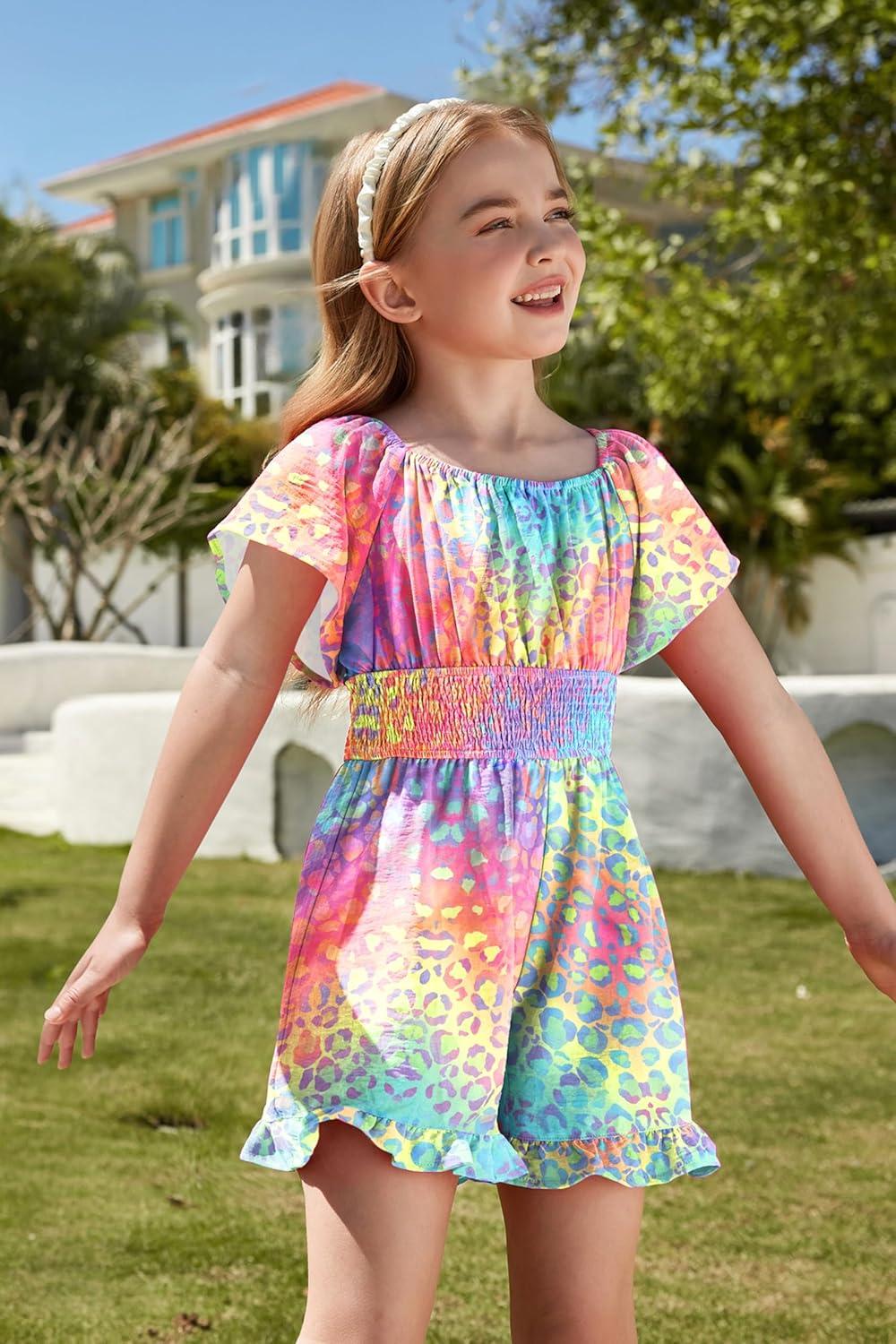 image:imageArshiner Girls Summer Jumpsuits Tie Back Off Shoulder Short Sleeve One Piece Rompers Ruffle Smocked Casual Shorts OutfitsColorful Leopard