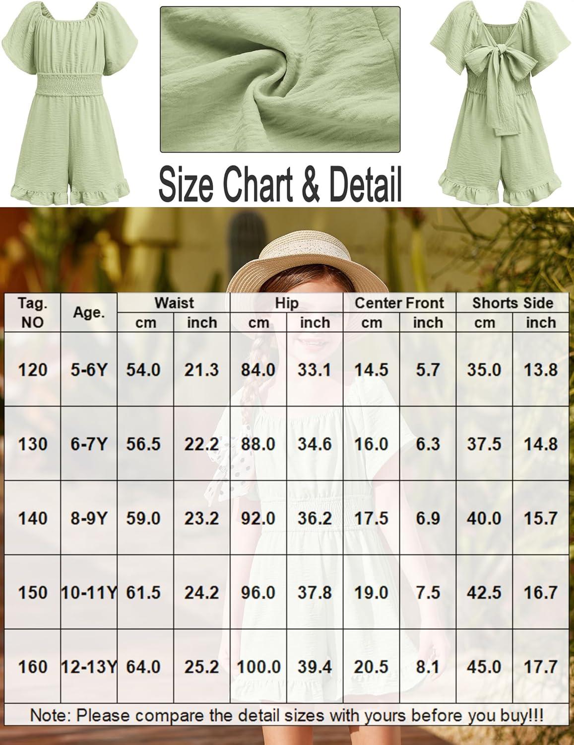 image:imageArshiner Girls Summer Jumpsuits Tie Back Off Shoulder Short Sleeve One Piece Rompers Ruffle Smocked Casual Shorts OutfitsLight Green