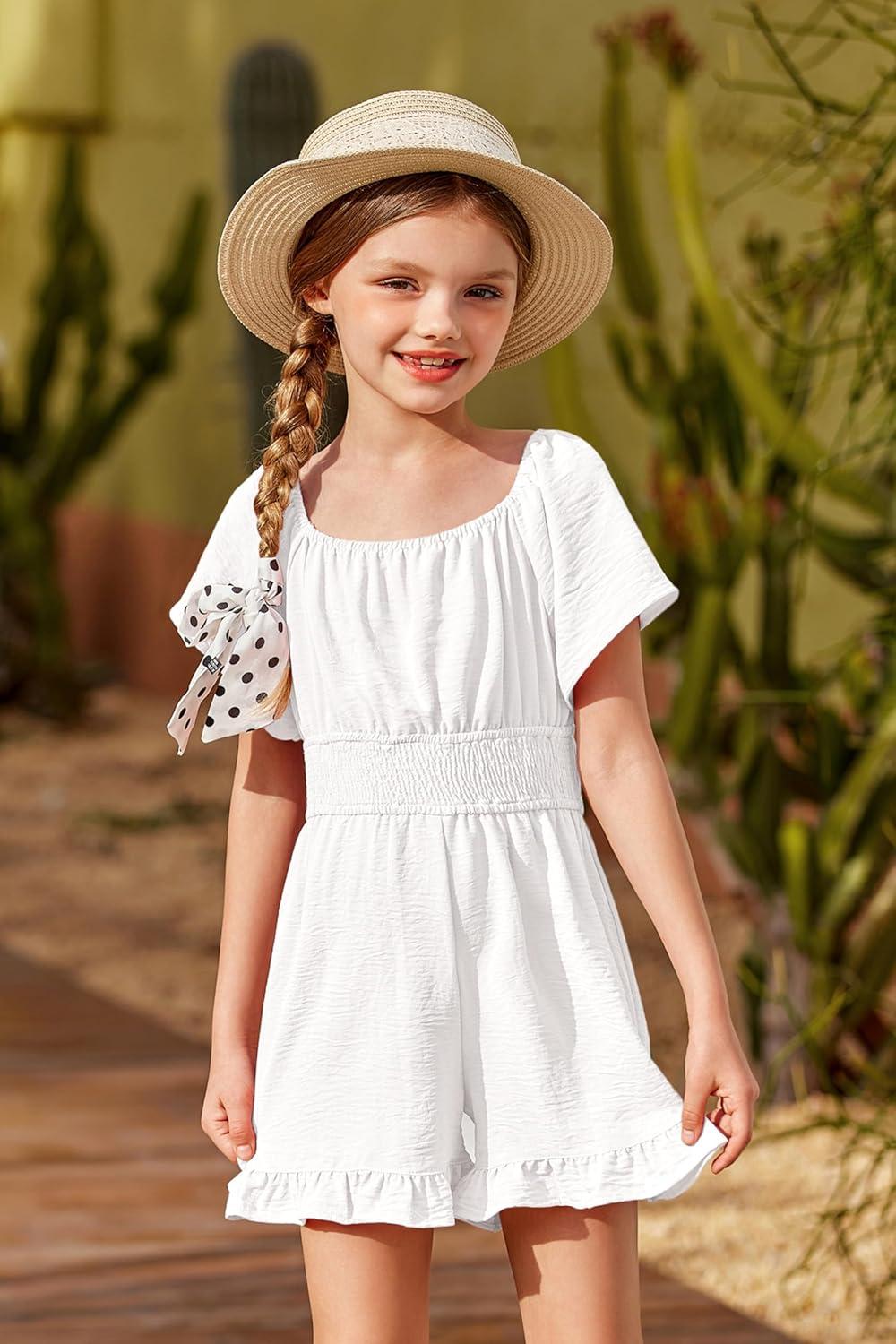 image:imageArshiner Girls Summer Jumpsuits Tie Back Off Shoulder Short Sleeve One Piece Rompers Ruffle Smocked Casual Shorts OutfitsWhite