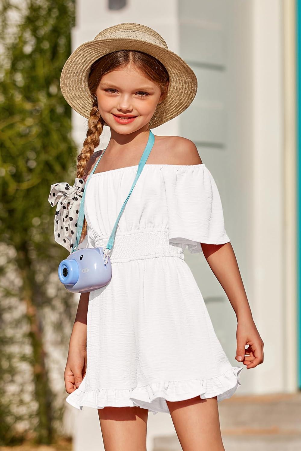 image:imageArshiner Girls Summer Jumpsuits Tie Back Off Shoulder Short Sleeve One Piece Rompers Ruffle Smocked Casual Shorts OutfitsWhite
