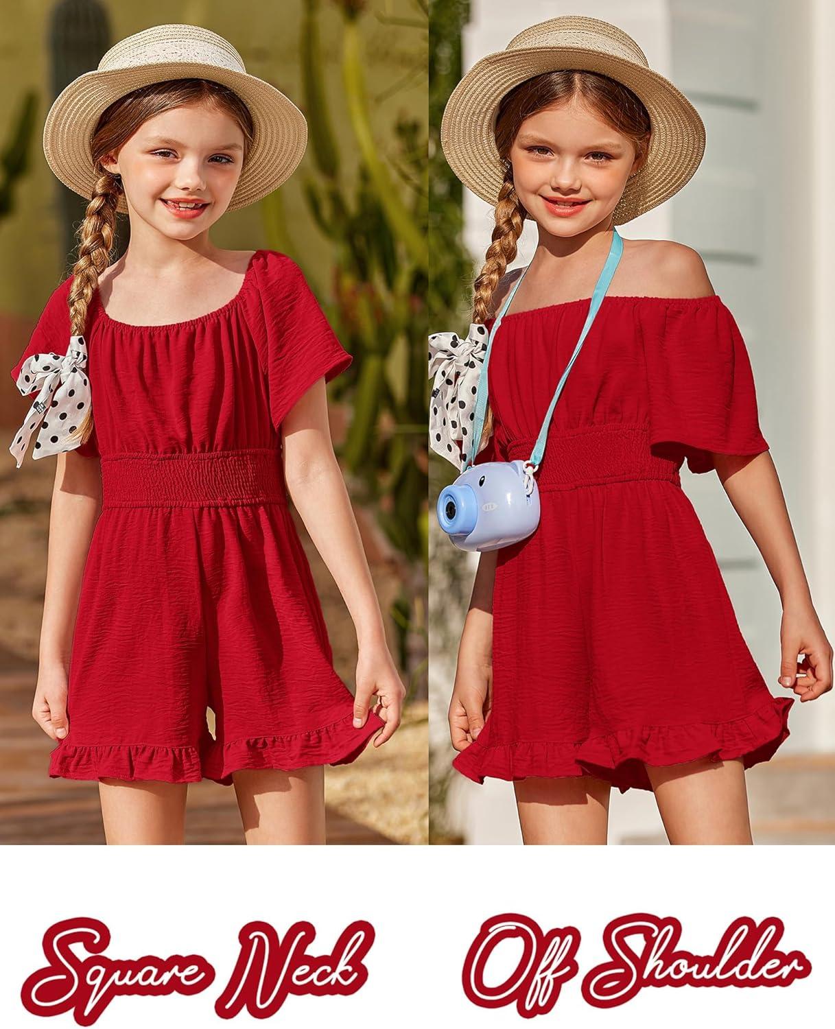image:imageArshiner Girls Summer Jumpsuits Tie Back Off Shoulder Short Sleeve One Piece Rompers Ruffle Smocked Casual Shorts OutfitsWine Red