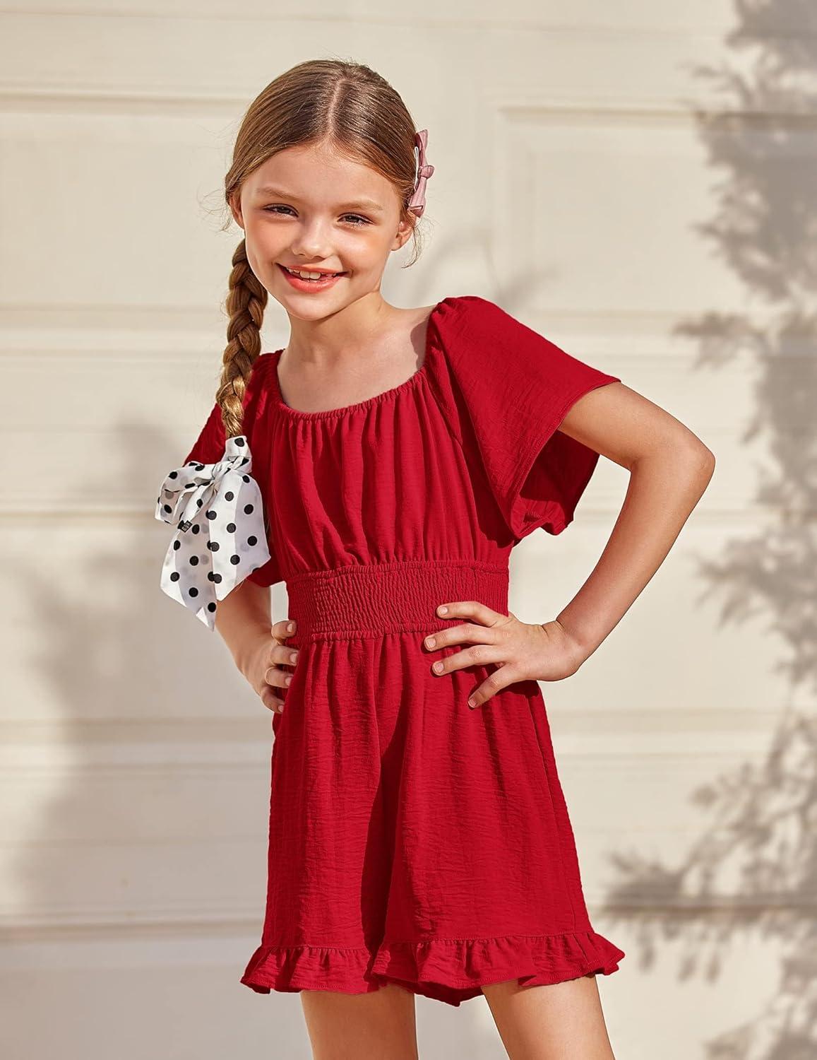image:imageArshiner Girls Summer Jumpsuits Tie Back Off Shoulder Short Sleeve One Piece Rompers Ruffle Smocked Casual Shorts OutfitsWine Red