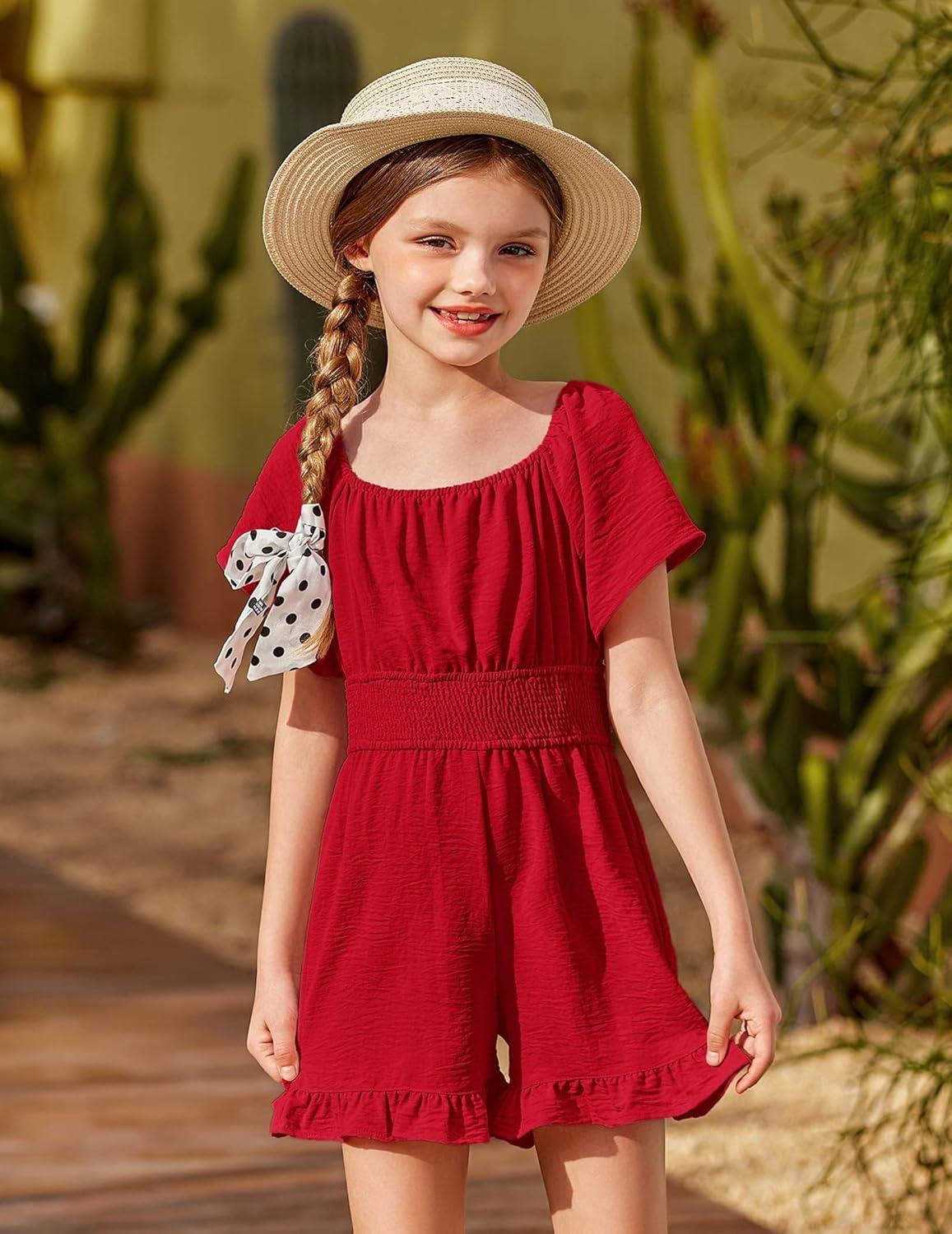 image:imageArshiner Girls Summer Jumpsuits Tie Back Off Shoulder Short Sleeve One Piece Rompers Ruffle Smocked Casual Shorts OutfitsWine Red
