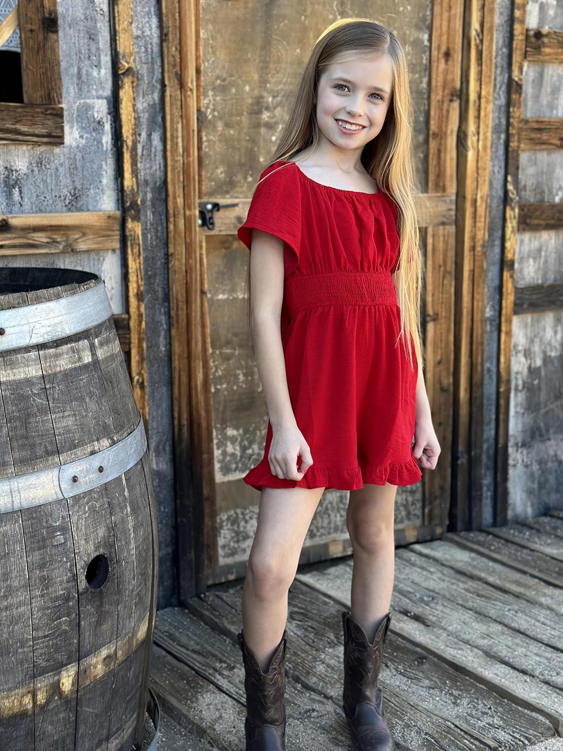 image:imageArshiner Girls Summer Jumpsuits Tie Back Off Shoulder Short Sleeve One Piece Rompers Ruffle Smocked Casual Shorts OutfitsWine Red