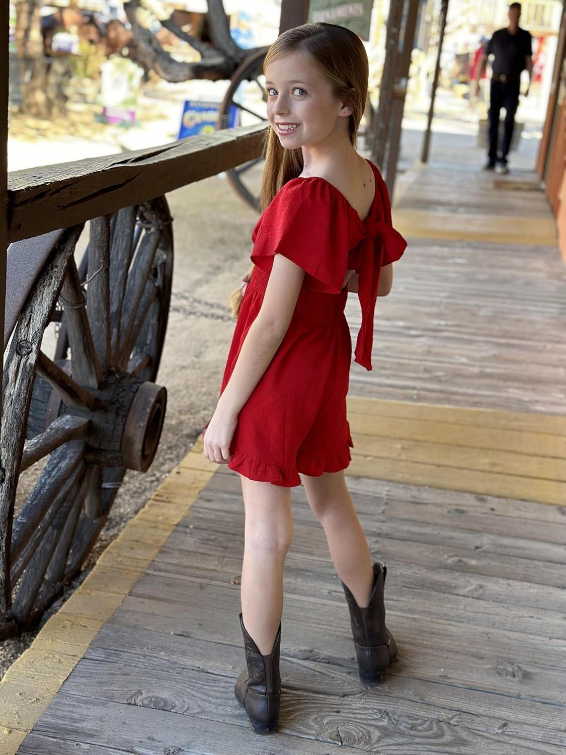 image:imageArshiner Girls Summer Jumpsuits Tie Back Off Shoulder Short Sleeve One Piece Rompers Ruffle Smocked Casual Shorts OutfitsWine Red