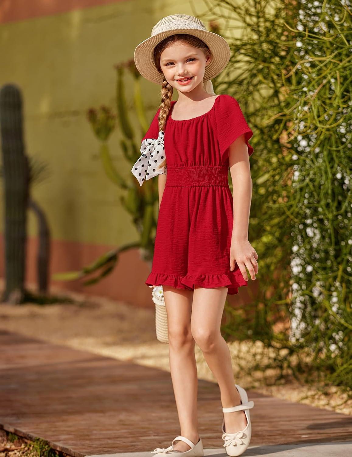 image:imageArshiner Girls Summer Jumpsuits Tie Back Off Shoulder Short Sleeve One Piece Rompers Ruffle Smocked Casual Shorts OutfitsWine Red