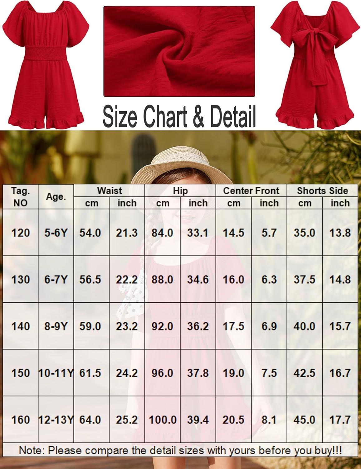 image:imageArshiner Girls Summer Jumpsuits Tie Back Off Shoulder Short Sleeve One Piece Rompers Ruffle Smocked Casual Shorts OutfitsWine Red