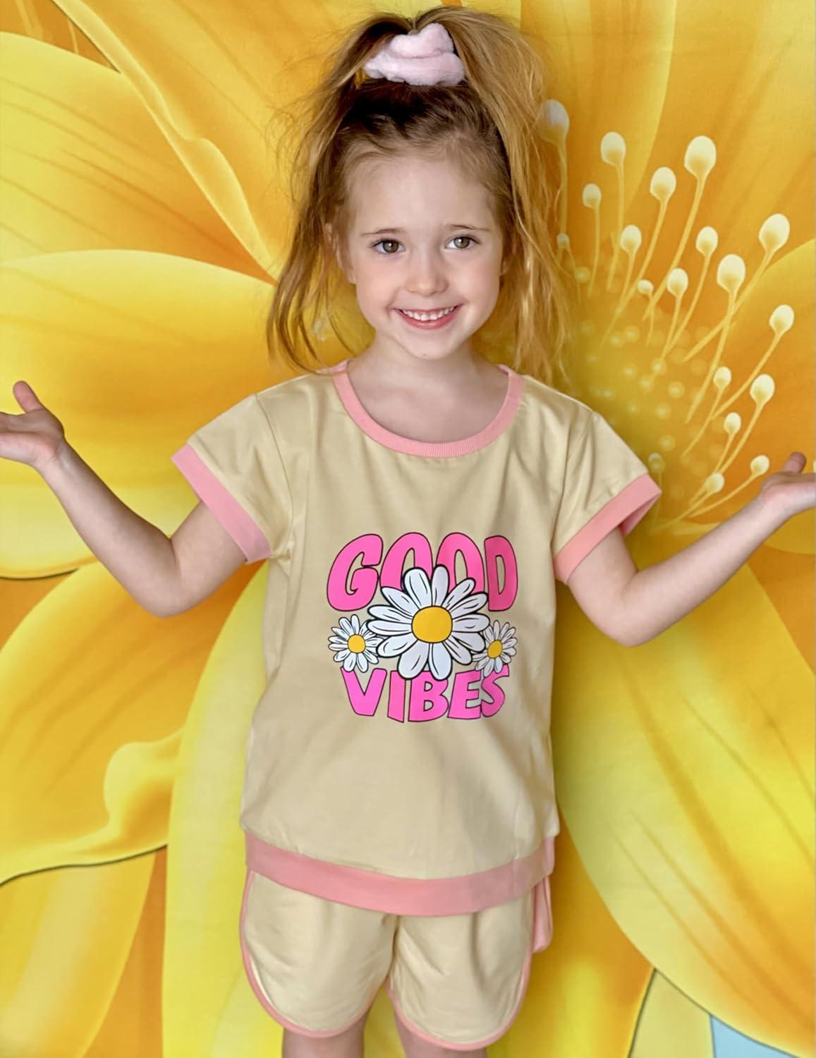 image:imageArshiner Girls Summer Outfits 2 Piece Clothes Color Block Drop Shoulder Sleeve Top and Casual Short Sets ActivewearBeigefloral