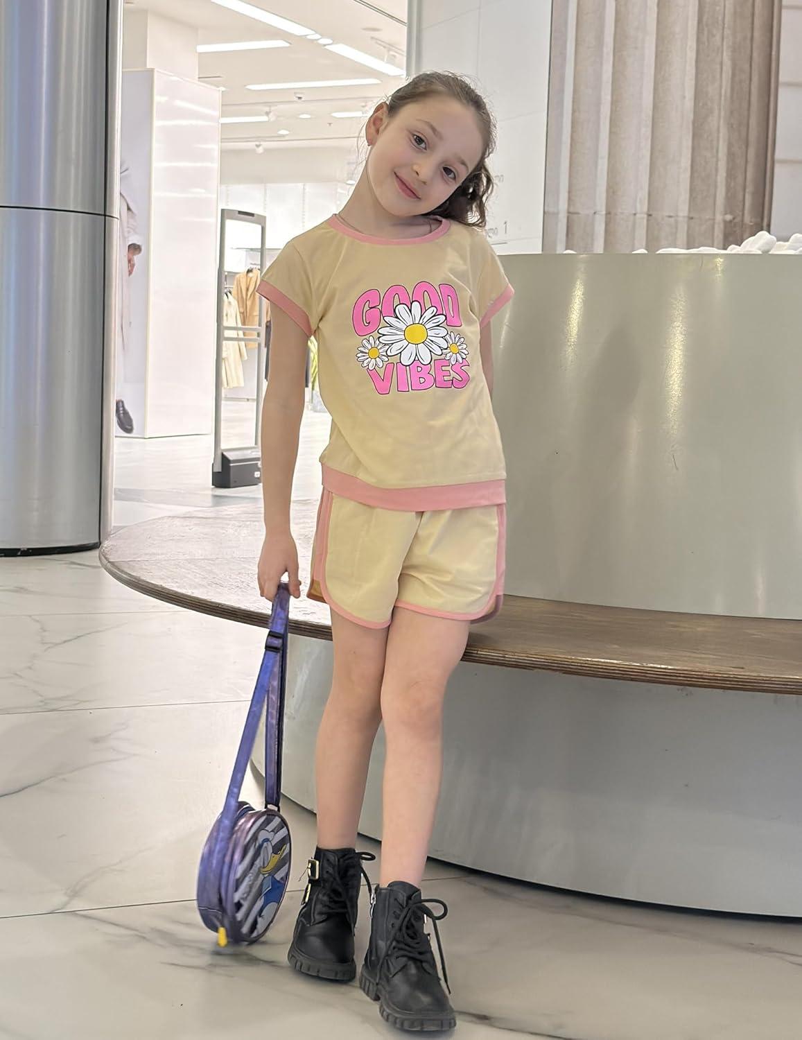 image:imageArshiner Girls Summer Outfits 2 Piece Clothes Color Block Drop Shoulder Sleeve Top and Casual Short Sets ActivewearBeigefloral