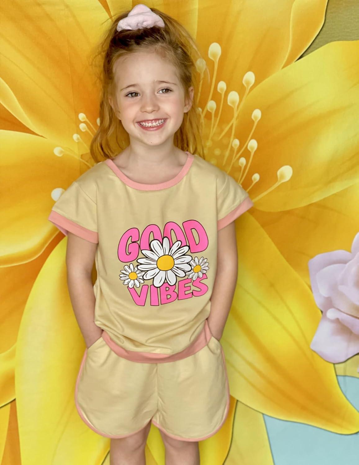 image:imageArshiner Girls Summer Outfits 2 Piece Clothes Color Block Drop Shoulder Sleeve Top and Casual Short Sets ActivewearBeigefloral