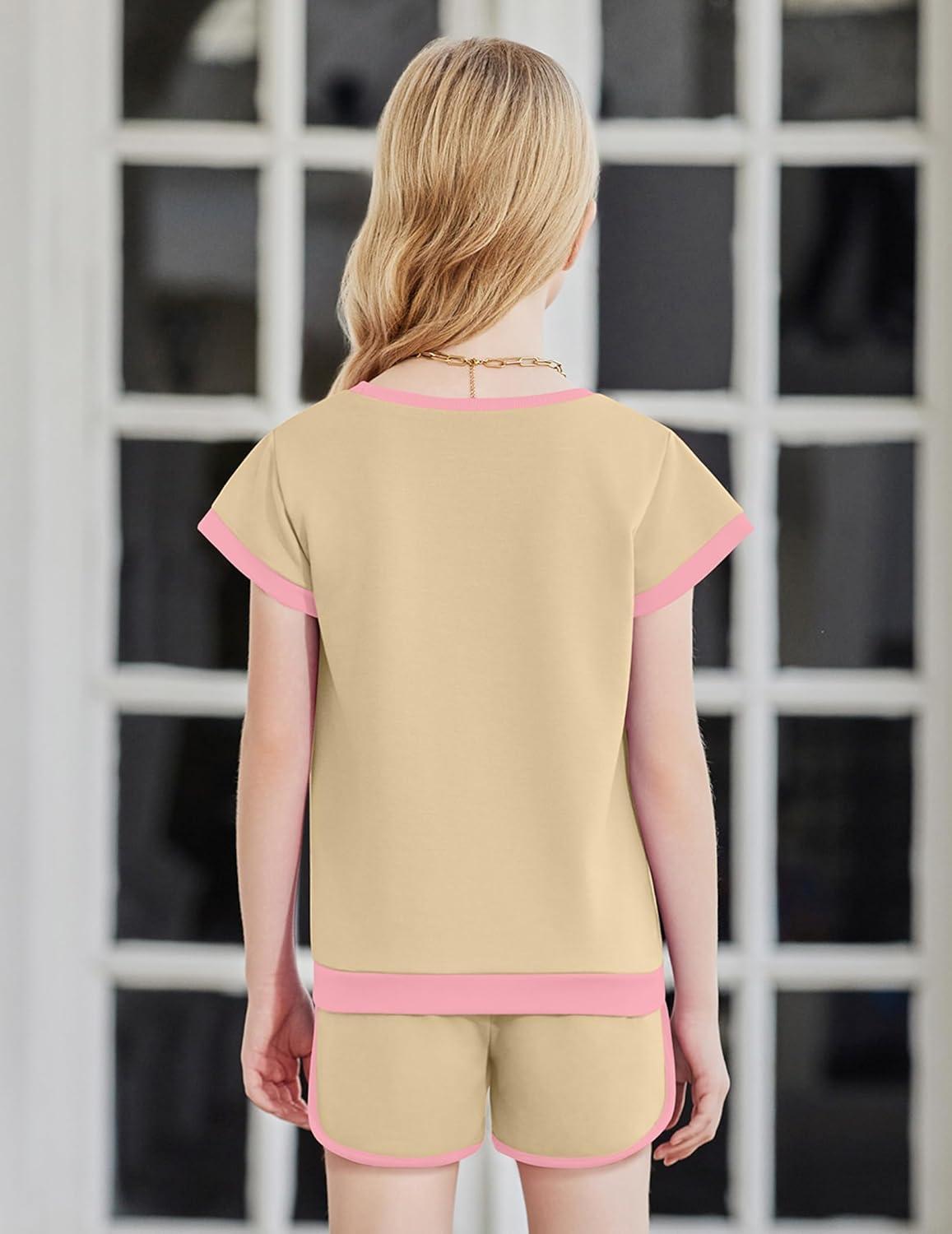 image:imageArshiner Girls Summer Outfits 2 Piece Clothes Color Block Drop Shoulder Sleeve Top and Casual Short Sets ActivewearBeigefloral