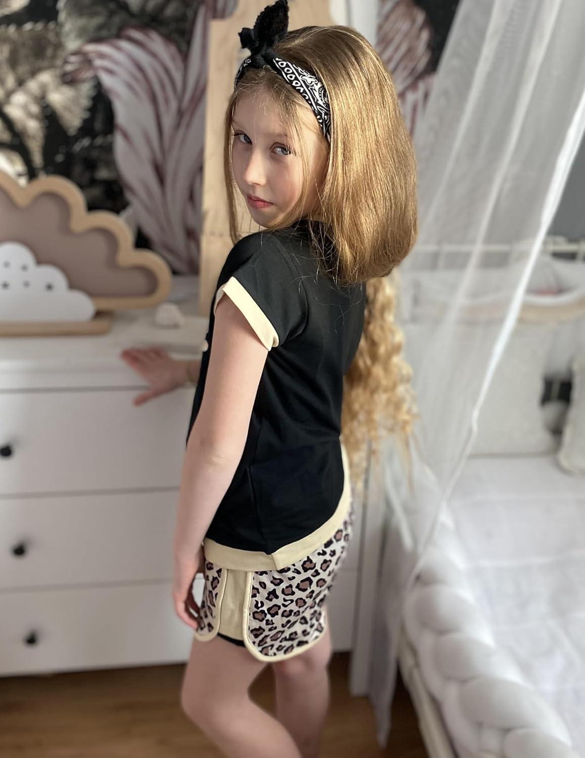 image:imageArshiner Girls Summer Outfits 2 Piece Clothes Color Block Drop Shoulder Sleeve Top and Casual Short Sets ActivewearBlackleopard
