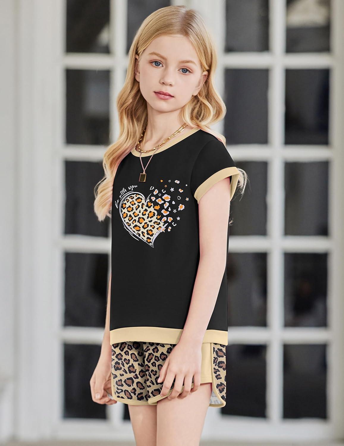 image:imageArshiner Girls Summer Outfits 2 Piece Clothes Color Block Drop Shoulder Sleeve Top and Casual Short Sets ActivewearBlackleopard