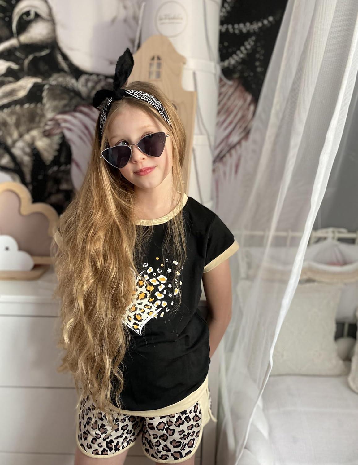 image:imageArshiner Girls Summer Outfits 2 Piece Clothes Color Block Drop Shoulder Sleeve Top and Casual Short Sets ActivewearBlackleopard
