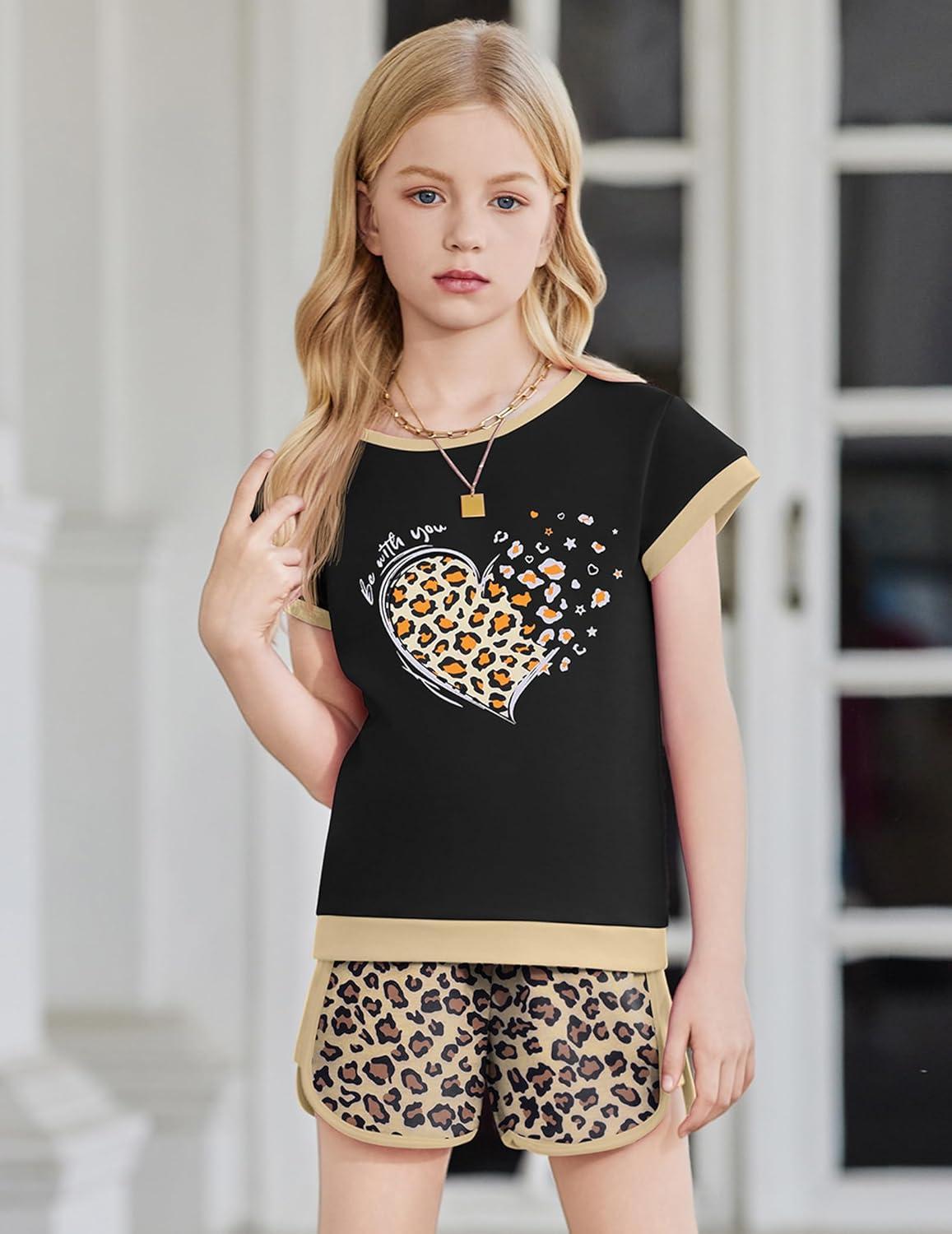 image:imageArshiner Girls Summer Outfits 2 Piece Clothes Color Block Drop Shoulder Sleeve Top and Casual Short Sets ActivewearBlackleopard