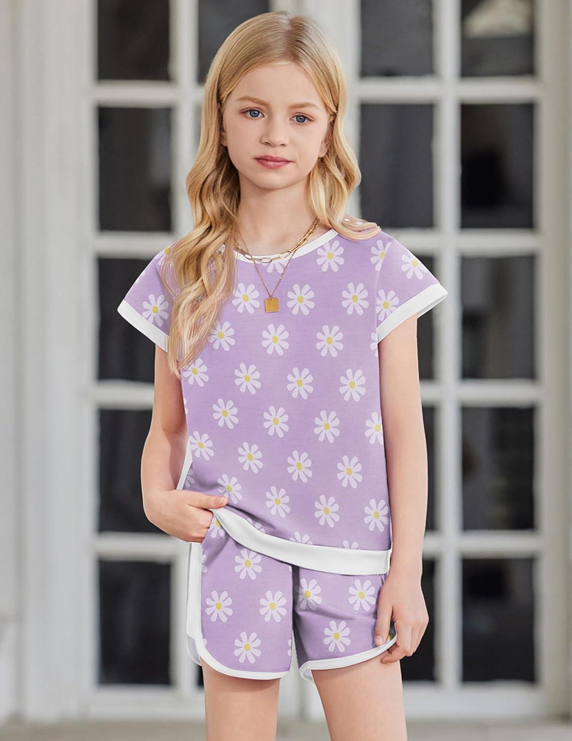 image:imageArshiner Girls Summer Outfits 2 Piece Clothes Color Block Drop Shoulder Sleeve Top and Casual Short Sets ActivewearPurplefloral