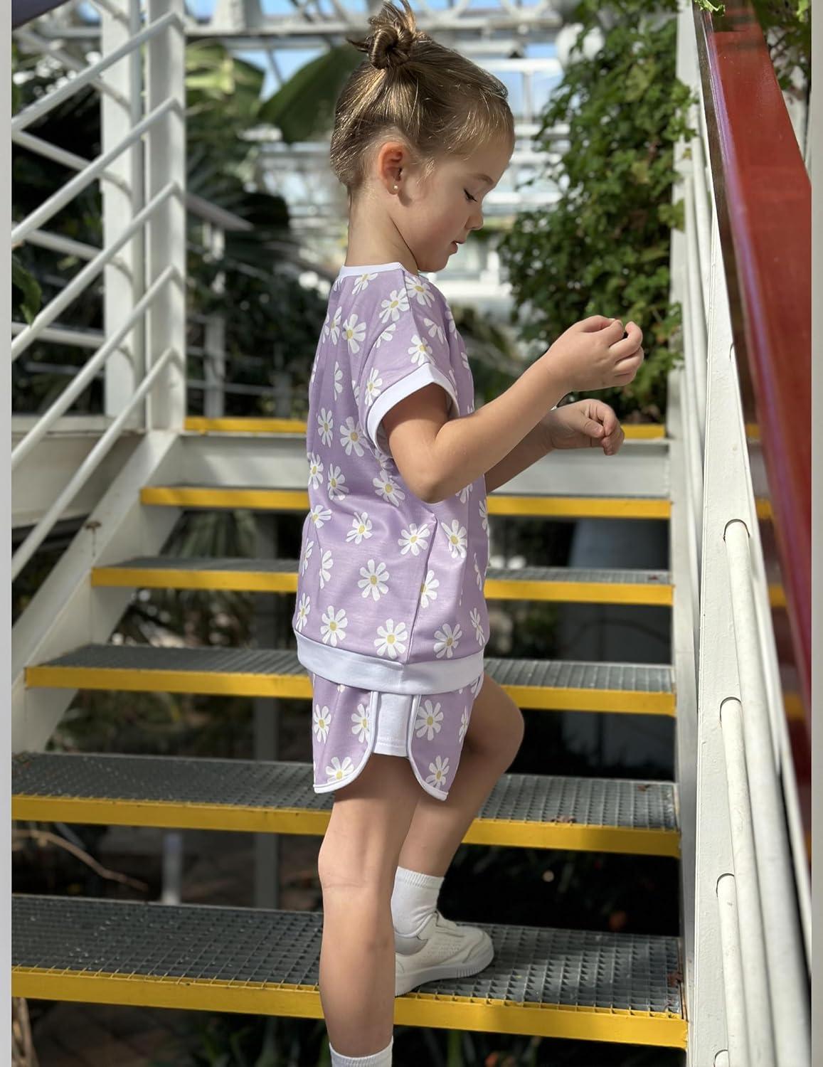 image:imageArshiner Girls Summer Outfits 2 Piece Clothes Color Block Drop Shoulder Sleeve Top and Casual Short Sets ActivewearPurplefloral