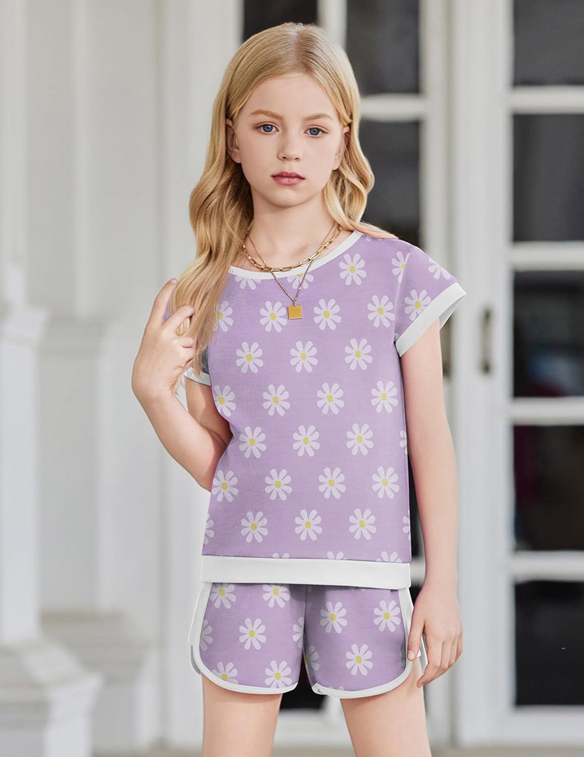 image:imageArshiner Girls Summer Outfits 2 Piece Clothes Color Block Drop Shoulder Sleeve Top and Casual Short Sets ActivewearPurplefloral