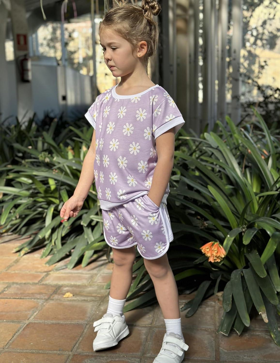 image:imageArshiner Girls Summer Outfits 2 Piece Clothes Color Block Drop Shoulder Sleeve Top and Casual Short Sets ActivewearPurplefloral
