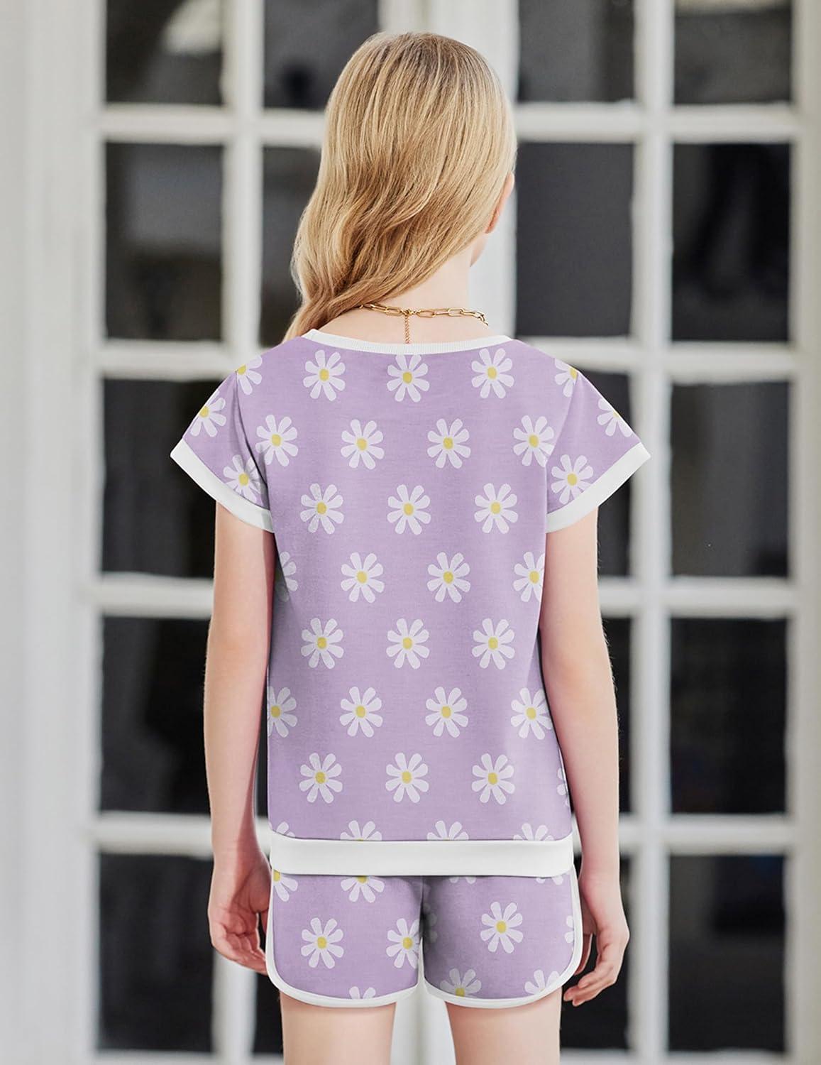 image:imageArshiner Girls Summer Outfits 2 Piece Clothes Color Block Drop Shoulder Sleeve Top and Casual Short Sets ActivewearPurplefloral