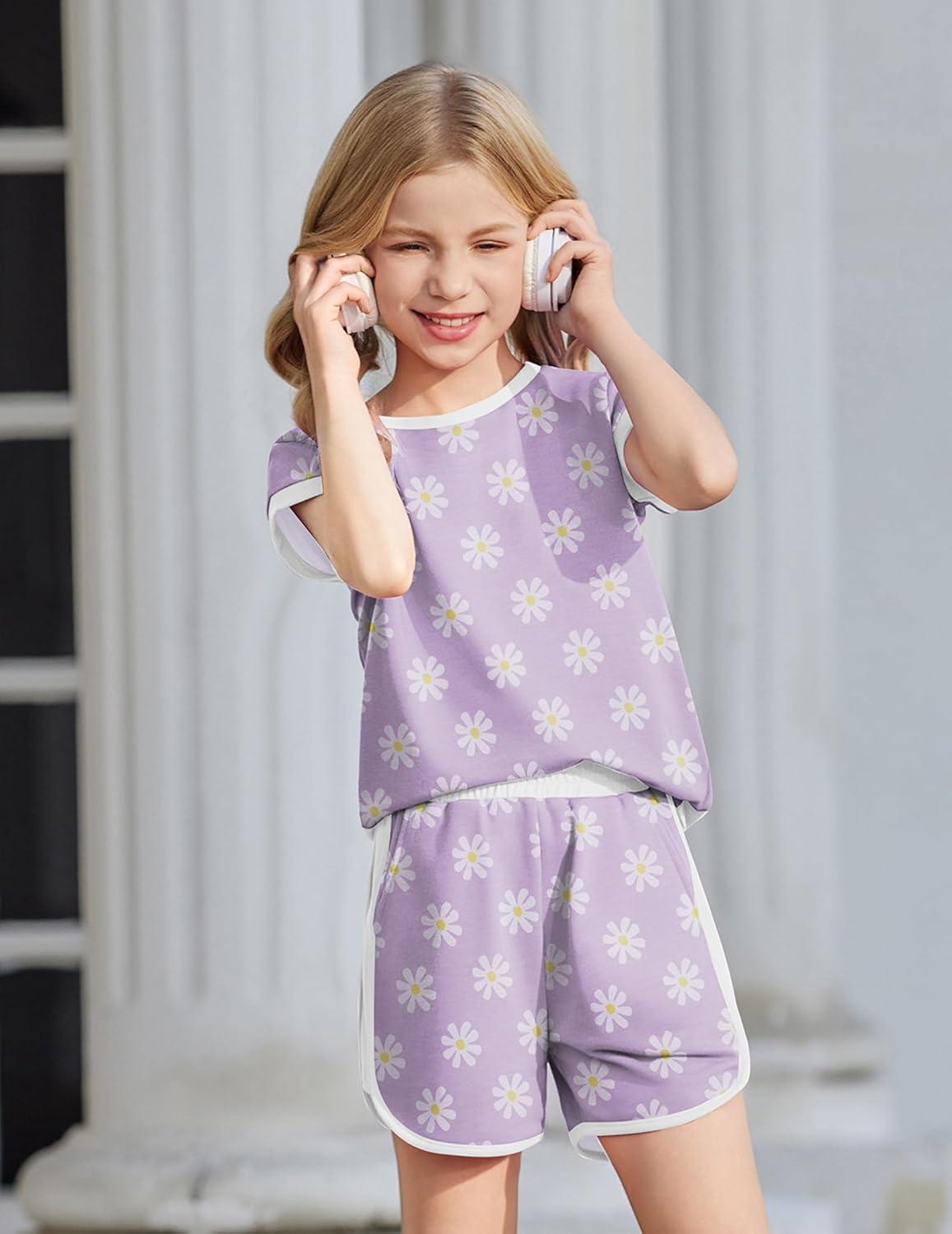 image:imageArshiner Girls Summer Outfits 2 Piece Clothes Color Block Drop Shoulder Sleeve Top and Casual Short Sets ActivewearPurplefloral
