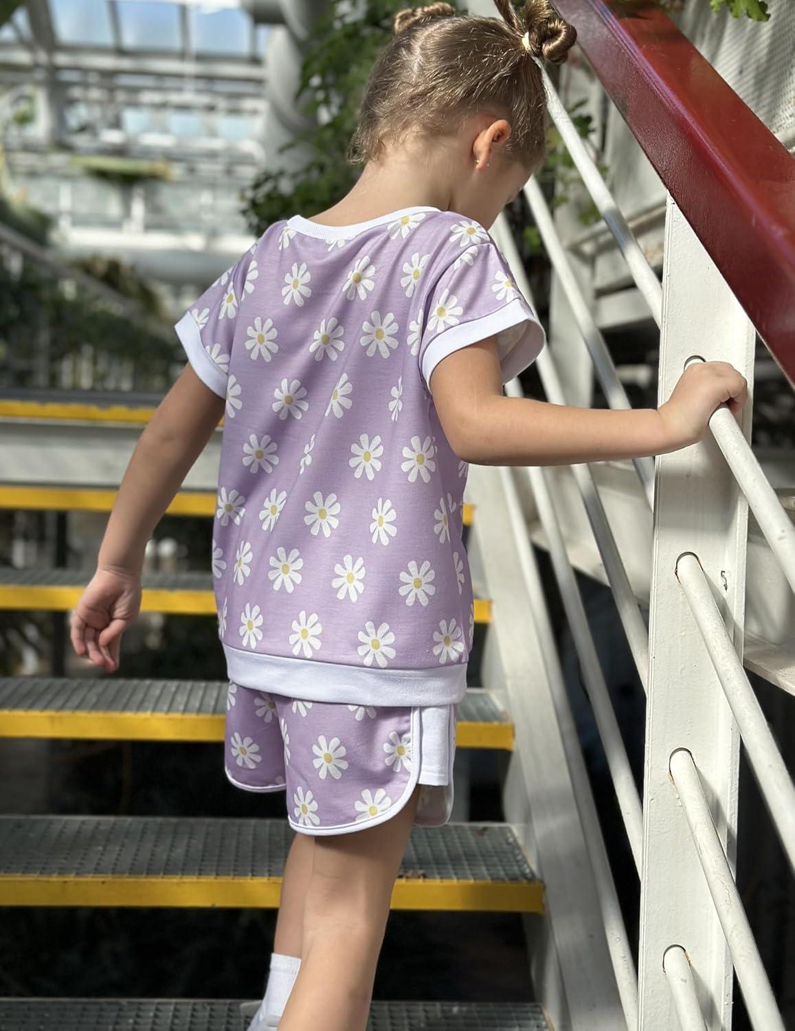 image:imageArshiner Girls Summer Outfits 2 Piece Clothes Color Block Drop Shoulder Sleeve Top and Casual Short Sets ActivewearPurplefloral