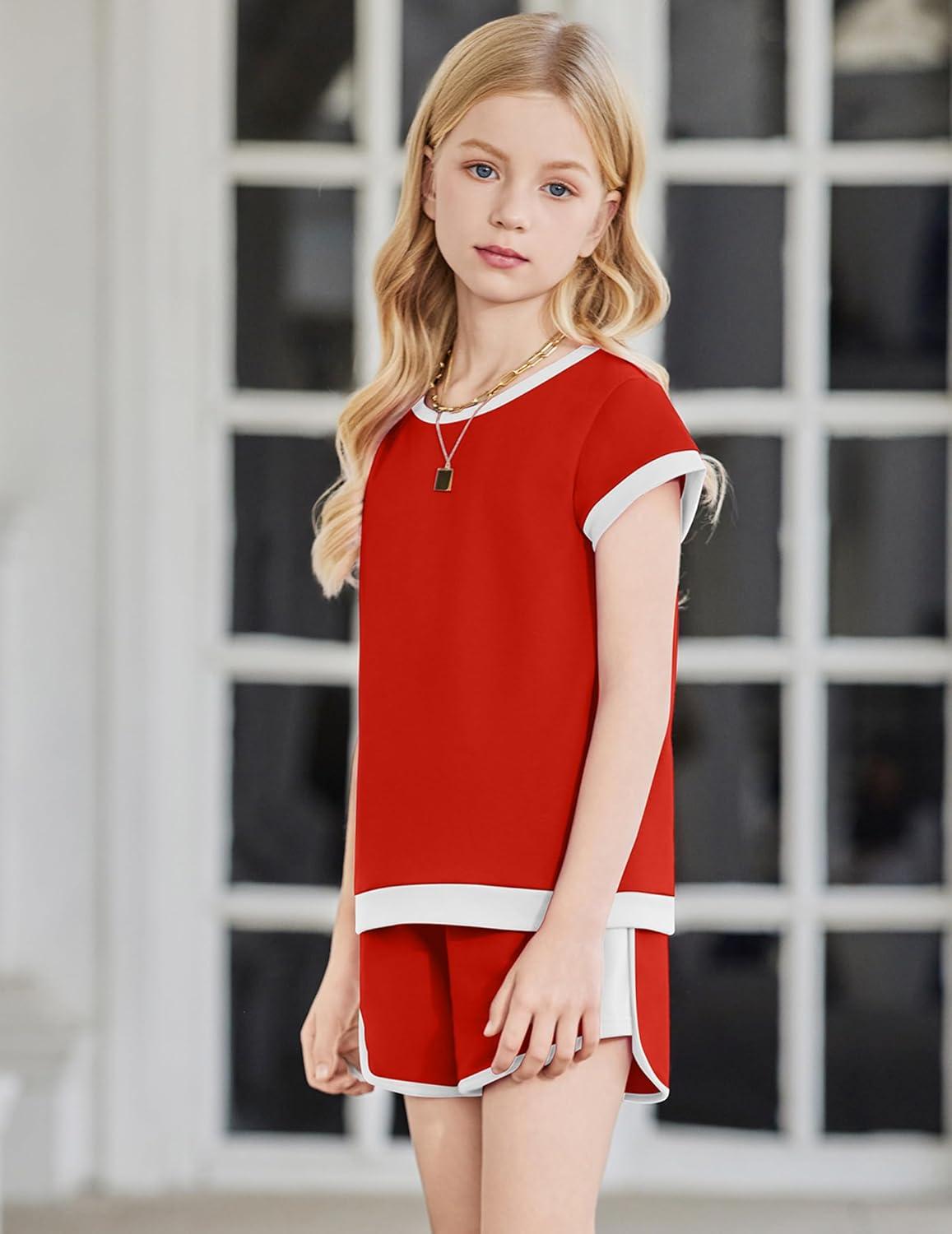 image:imageArshiner Girls Summer Outfits 2 Piece Clothes Color Block Drop Shoulder Sleeve Top and Casual Short Sets ActivewearRed