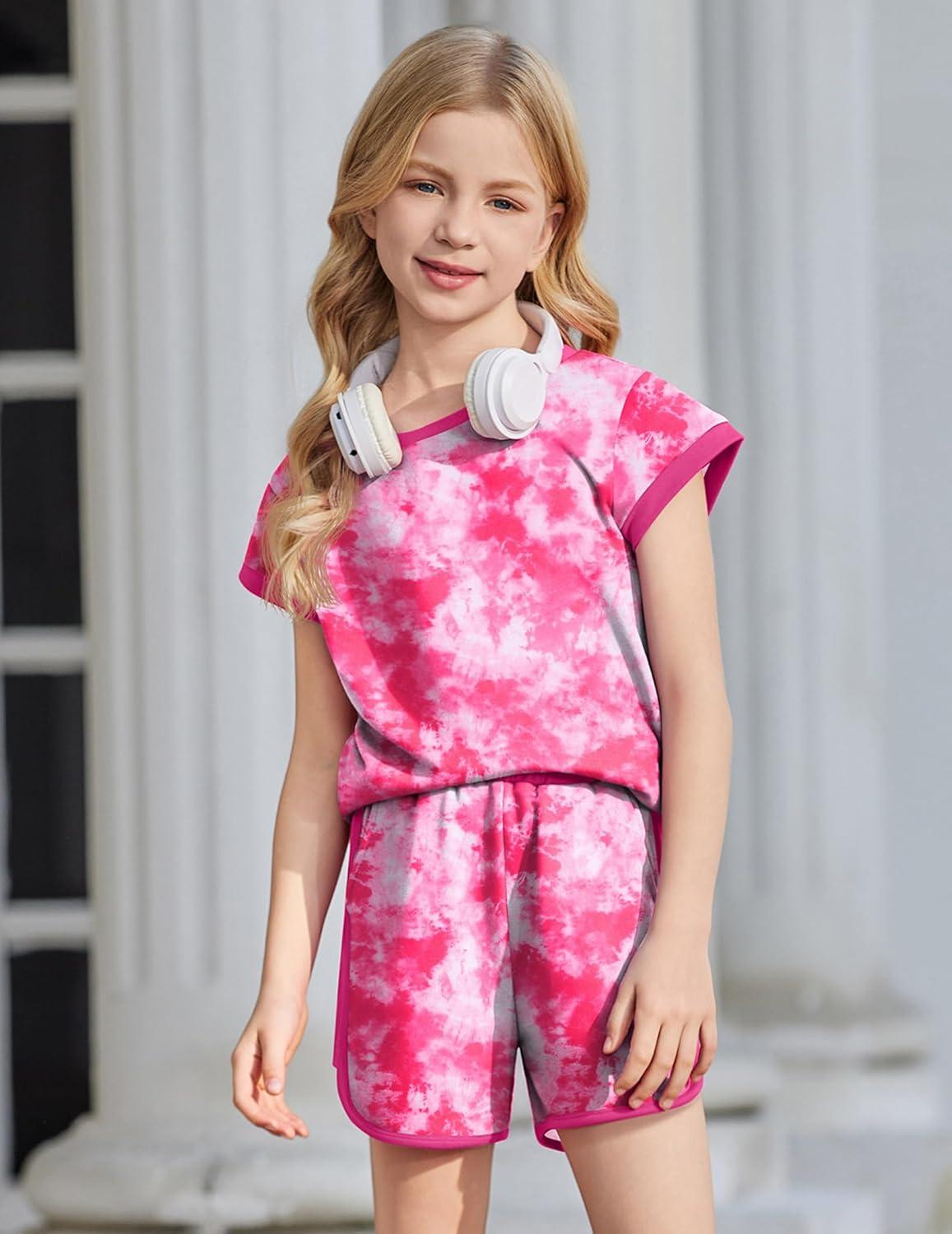 image:imageArshiner Girls Summer Outfits 2 Piece Clothes Color Block Drop Shoulder Sleeve Top and Casual Short Sets ActivewearRose Redtie Dye