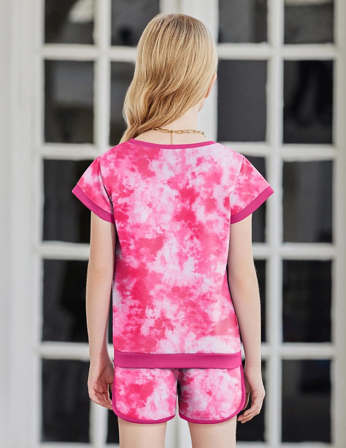 image:imageArshiner Girls Summer Outfits 2 Piece Clothes Color Block Drop Shoulder Sleeve Top and Casual Short Sets ActivewearRose Redtie Dye