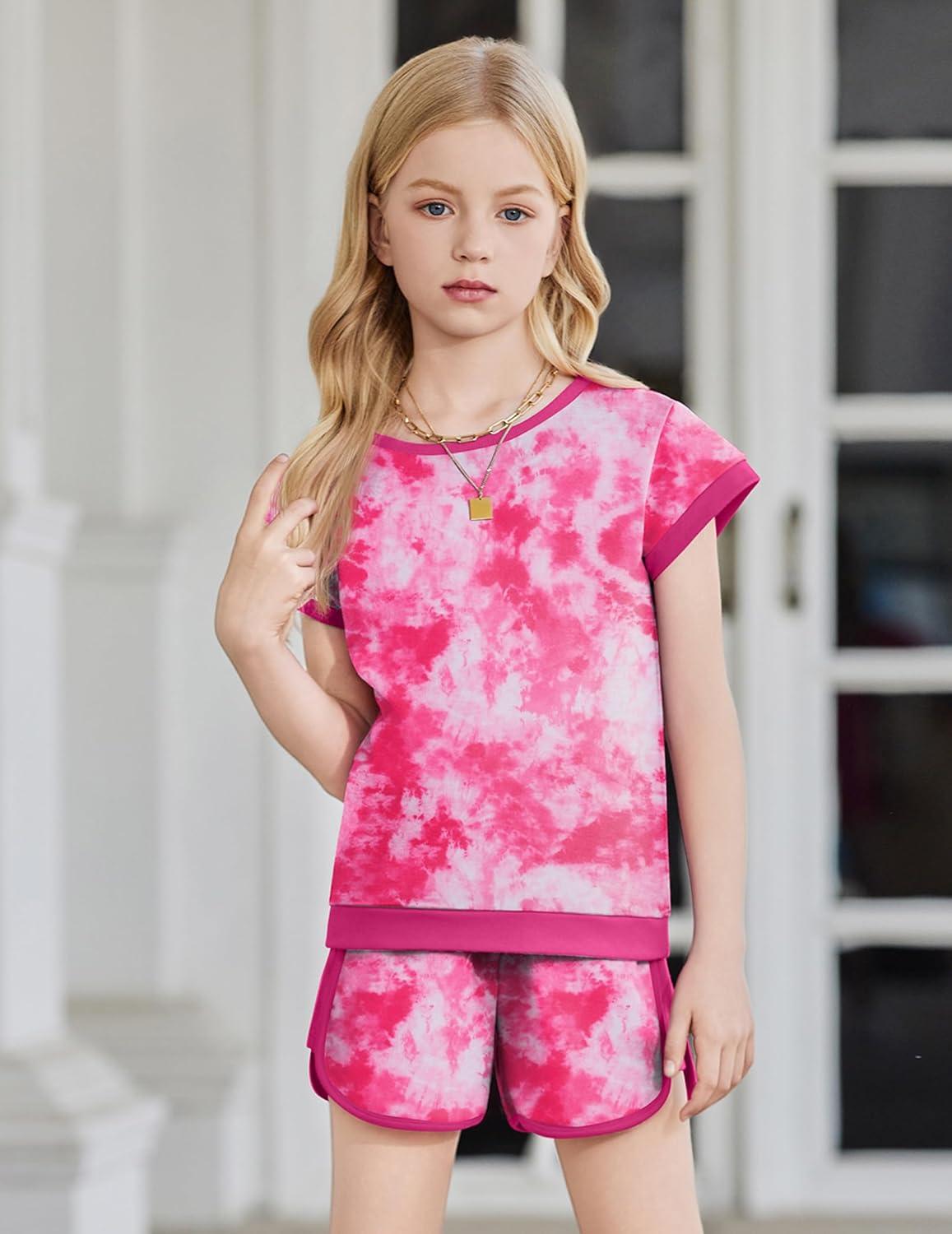 image:imageArshiner Girls Summer Outfits 2 Piece Clothes Color Block Drop Shoulder Sleeve Top and Casual Short Sets ActivewearRose Redtie Dye