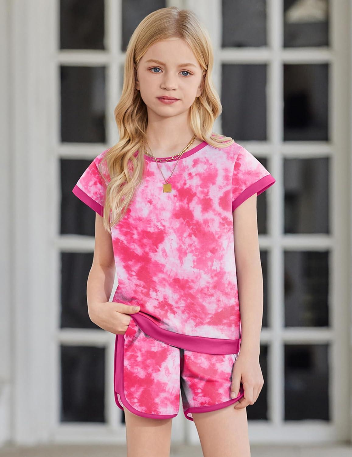 image:imageArshiner Girls Summer Outfits 2 Piece Clothes Color Block Drop Shoulder Sleeve Top and Casual Short Sets ActivewearRose Redtie Dye