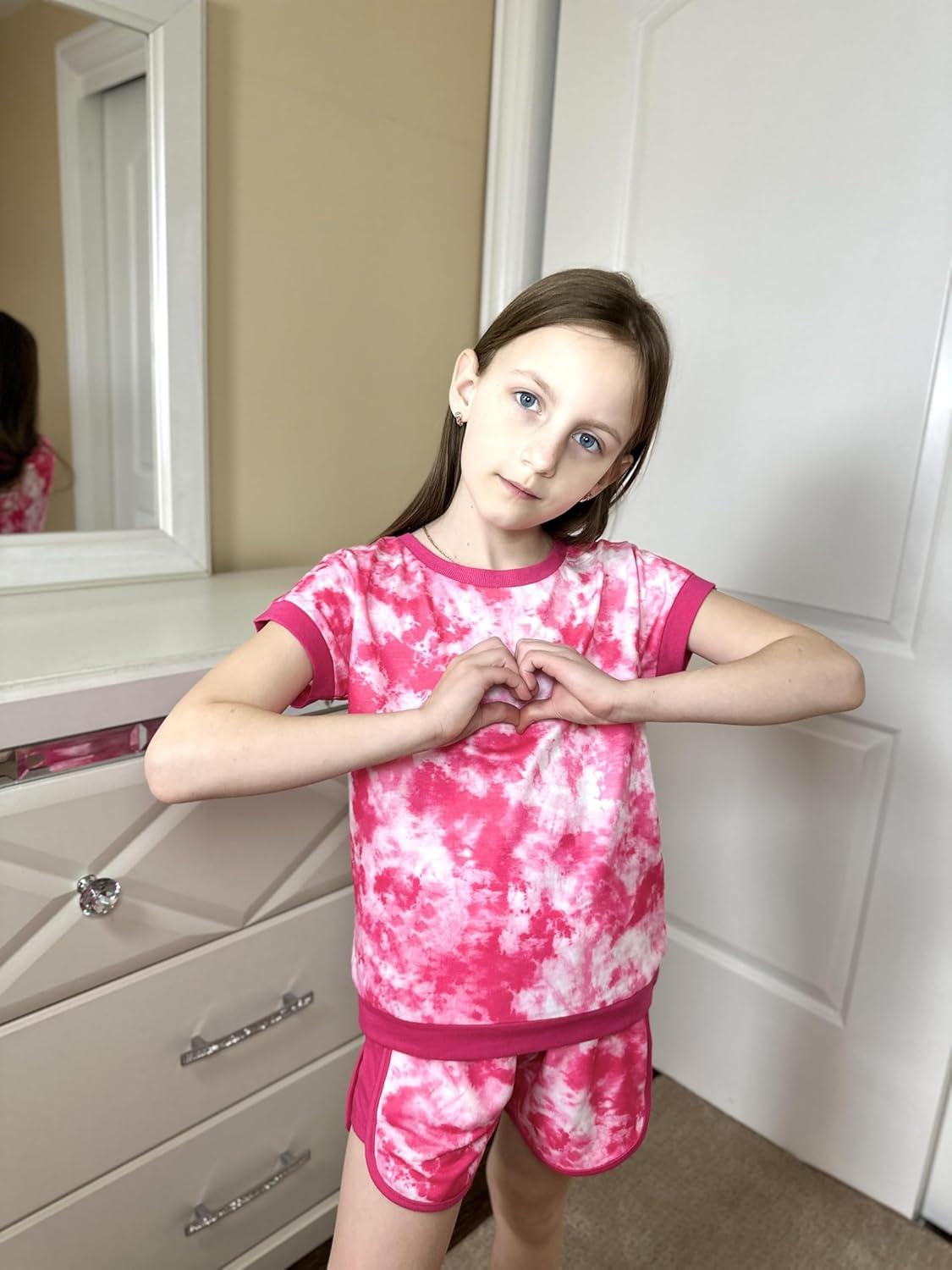 image:imageArshiner Girls Summer Outfits 2 Piece Clothes Color Block Drop Shoulder Sleeve Top and Casual Short Sets ActivewearRose Redtie Dye