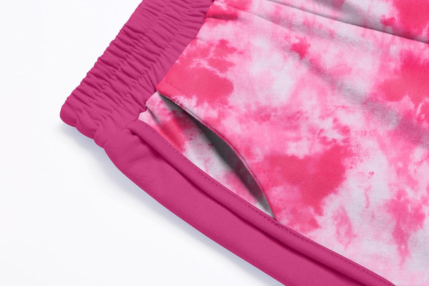 image:imageArshiner Girls Summer Outfits 2 Piece Clothes Color Block Drop Shoulder Sleeve Top and Casual Short Sets ActivewearRose Redtie Dye