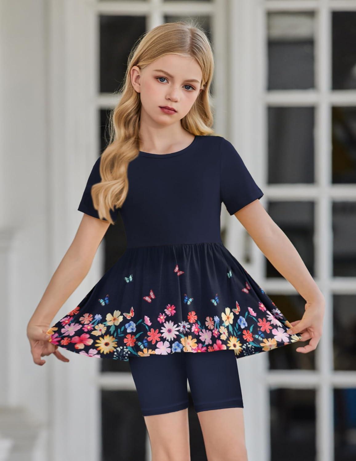 image:imageArshiner Girls Summer Outfits Short Sleeve Ruffle Hem Top and Biker Shorts Set Girl Clothes 614 YearsBlack Floral