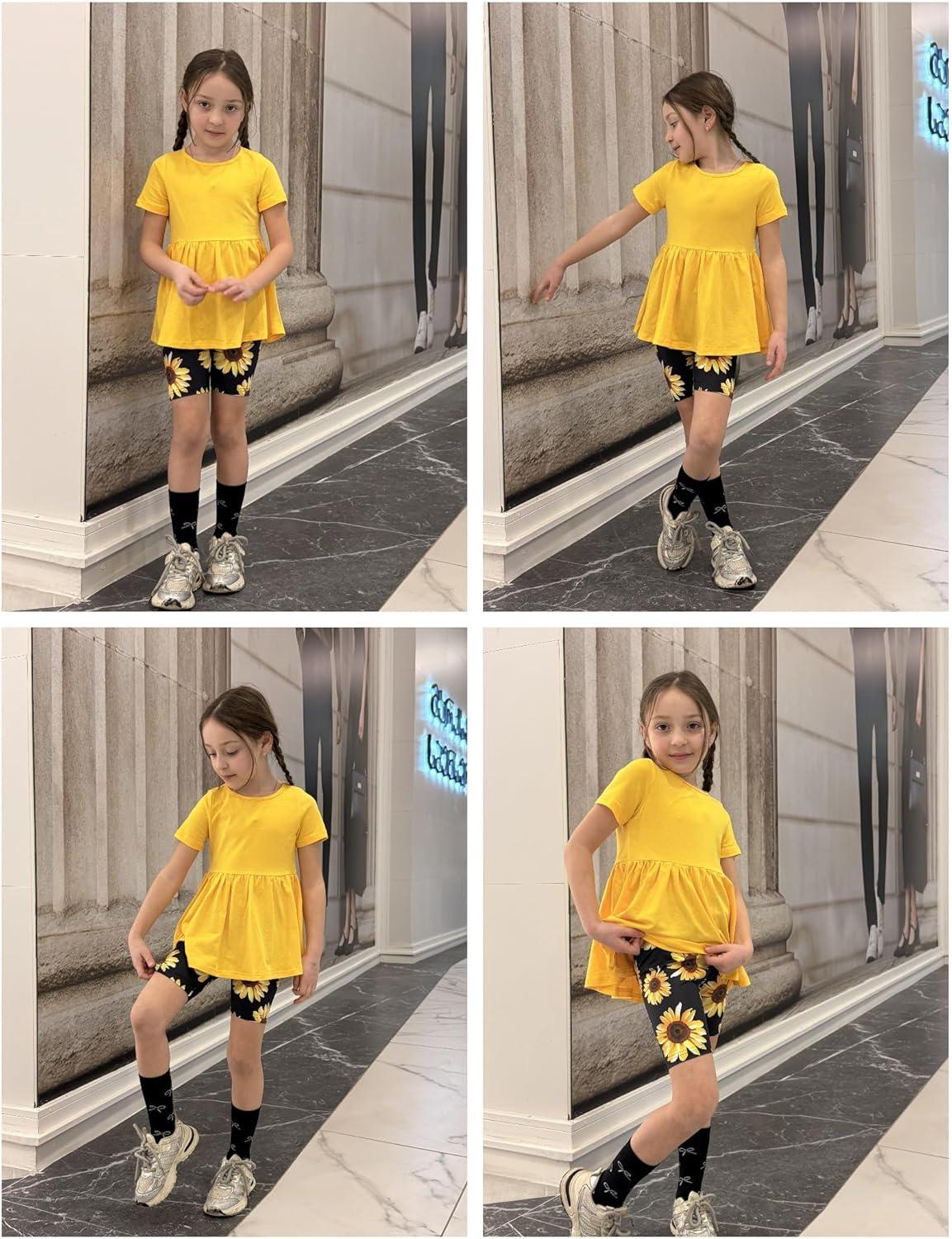 image:imageArshiner Girls Summer Outfits Short Sleeve Ruffle Hem Top and Biker Shorts Set Girl Clothes 614 YearsSunflower