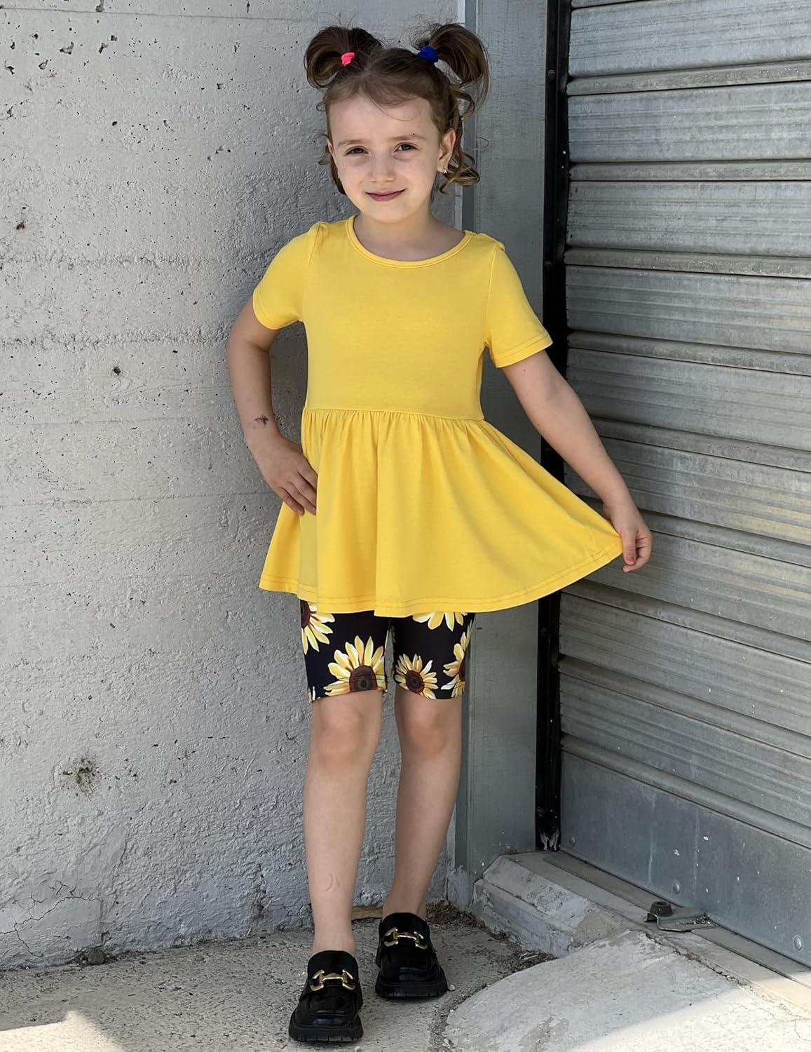 image:imageArshiner Girls Summer Outfits Short Sleeve Ruffle Hem Top and Biker Shorts Set Girl Clothes 614 YearsSunflower