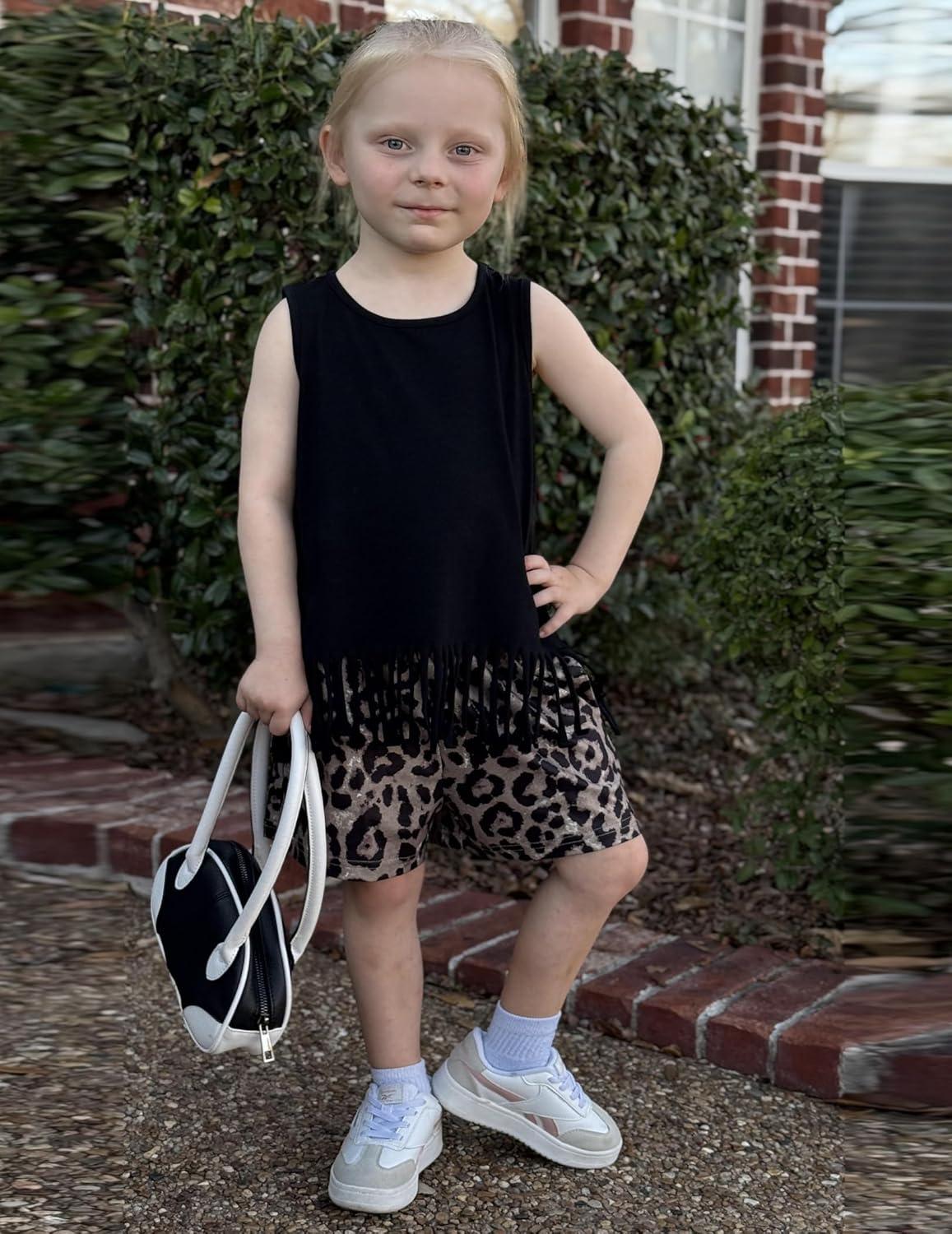 image:imageArshiner Girls Summer Outfits Sleeveless Fringe Tank Top and Elastic Waist Pocketed Shorts Set Girl Clothes 614 YearsLeopard